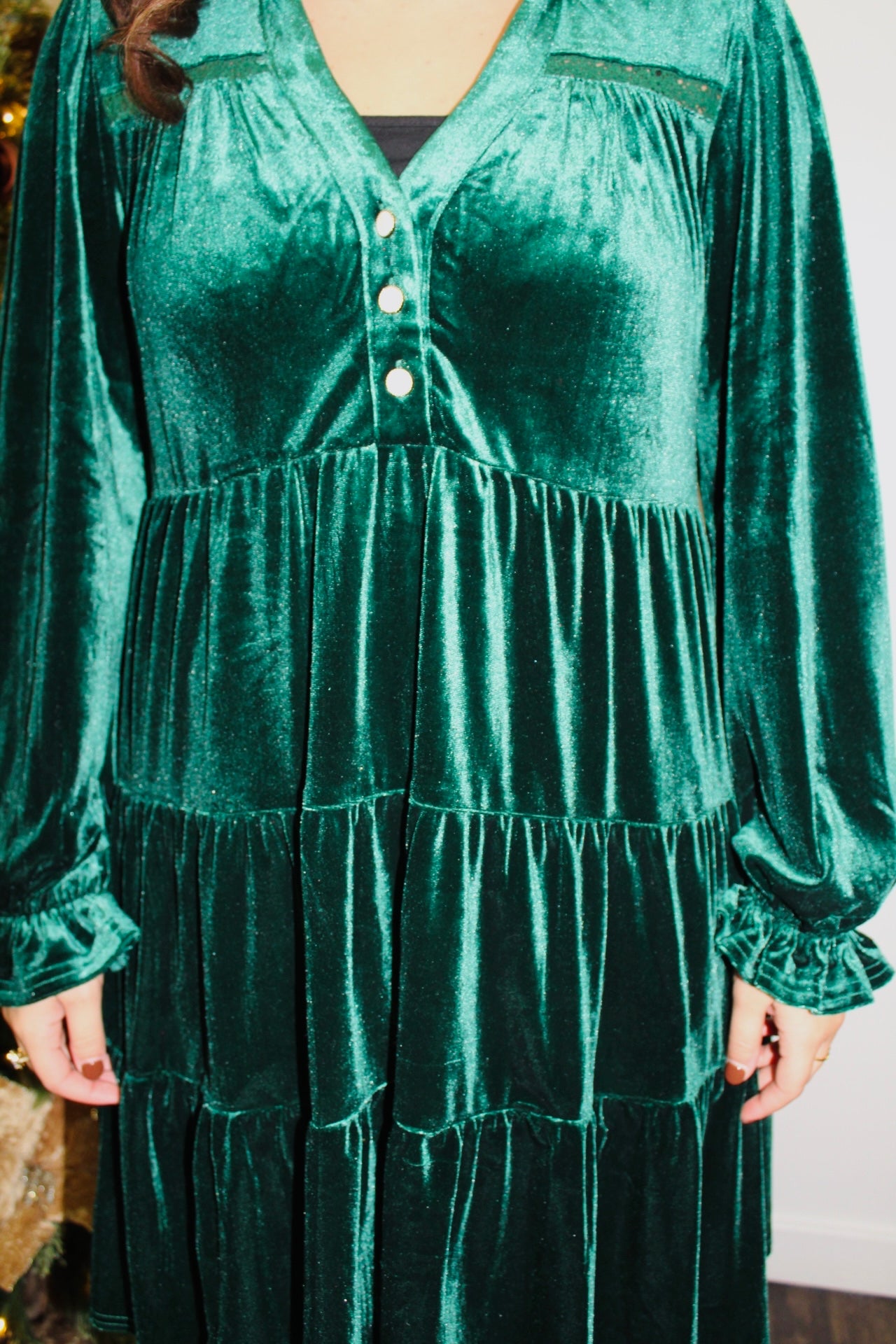 Evergreen Velvet Tiered Dress