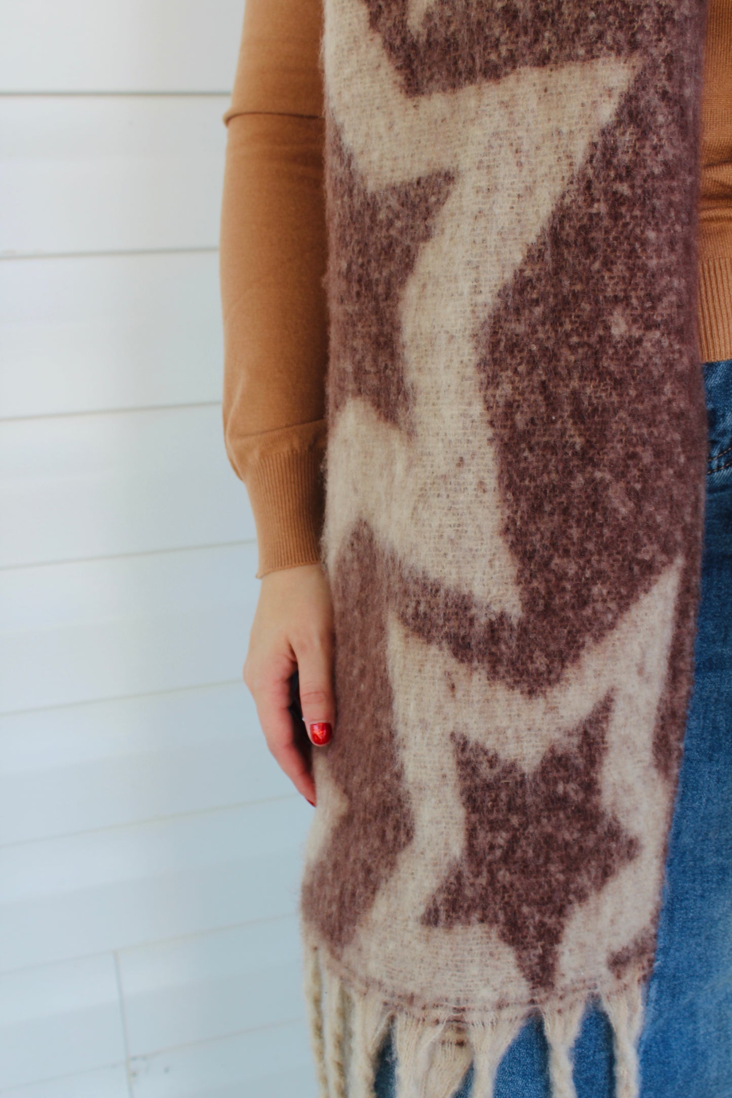 Brown Star Print Tassel Scarf