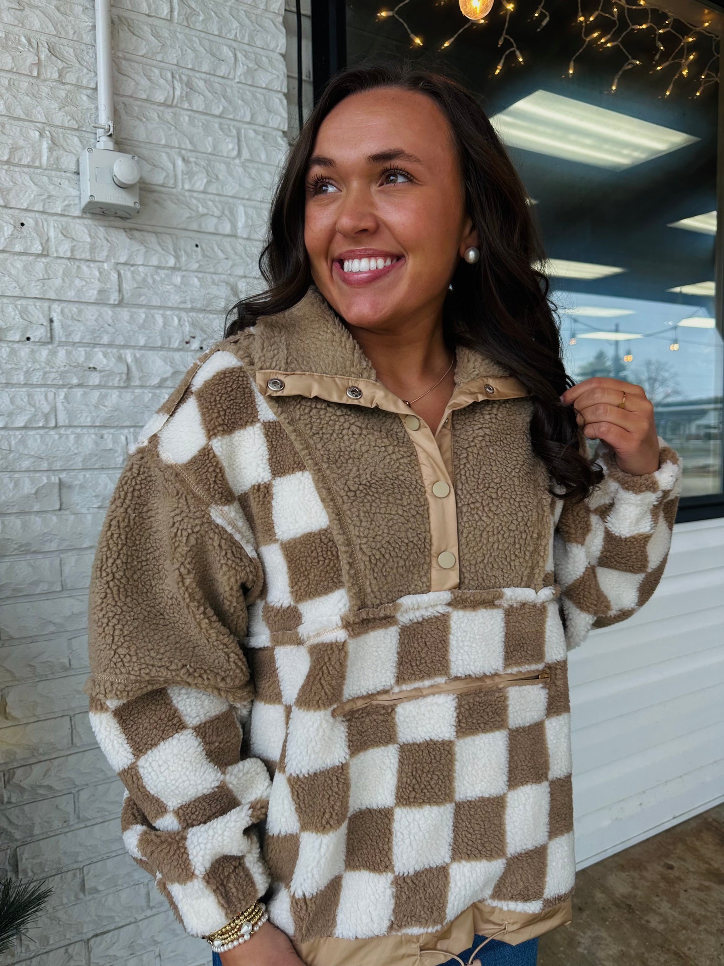 Taupe Checkered Fleece Pullover