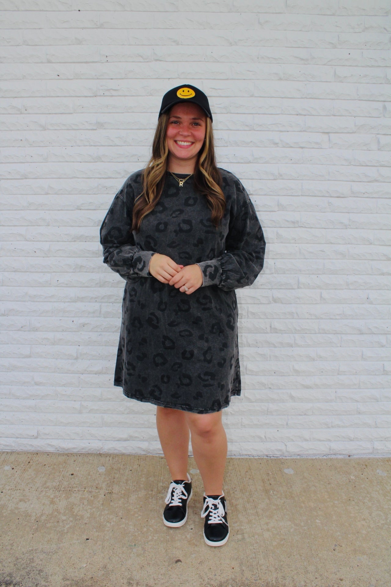 Gray Leopard Vintage Wash Long Sleeve Dress