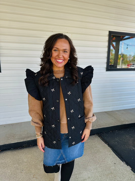 Black Bow Embriodered Quilted Vest