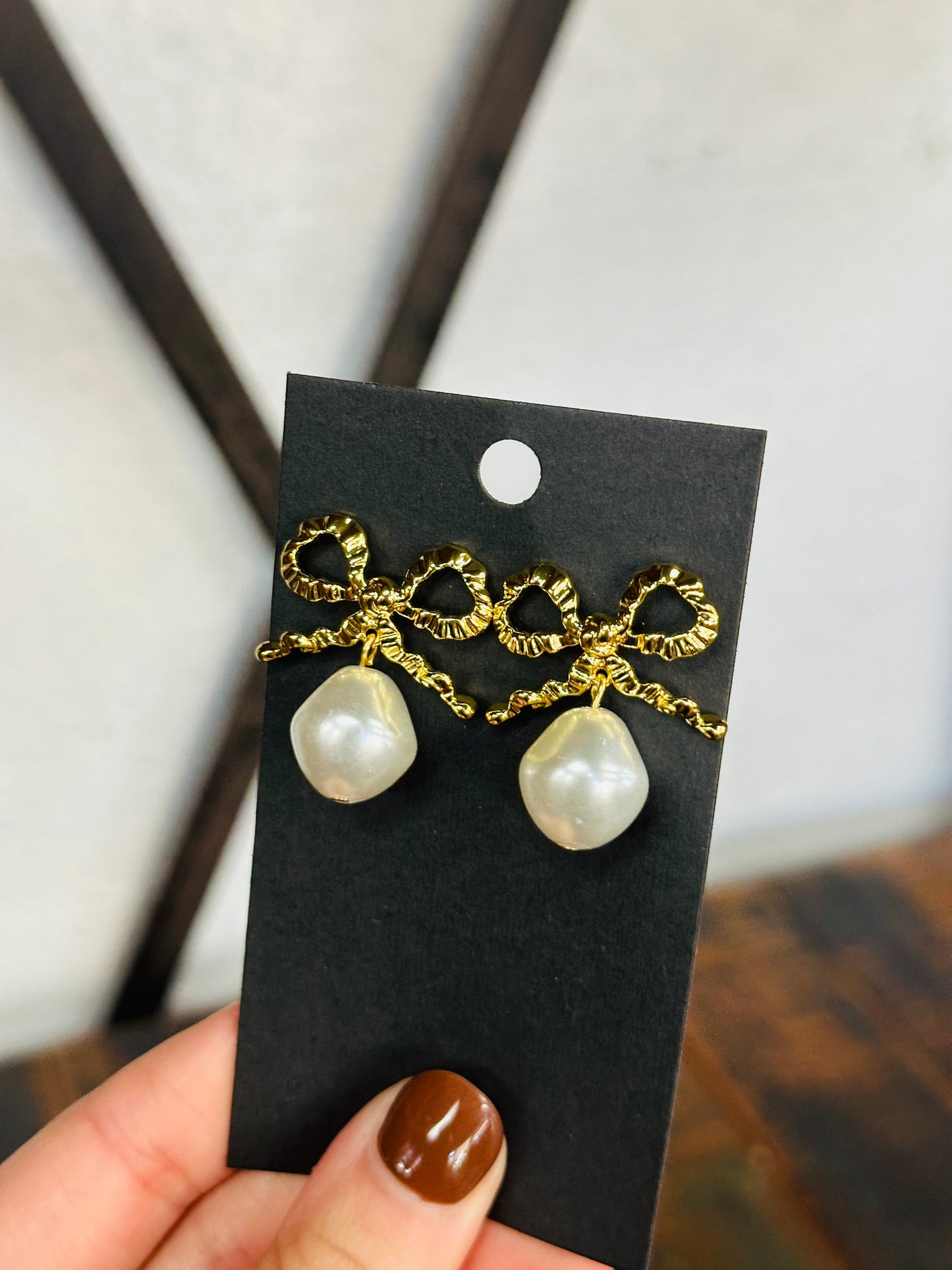 Dangle Pearl Bow Earrings