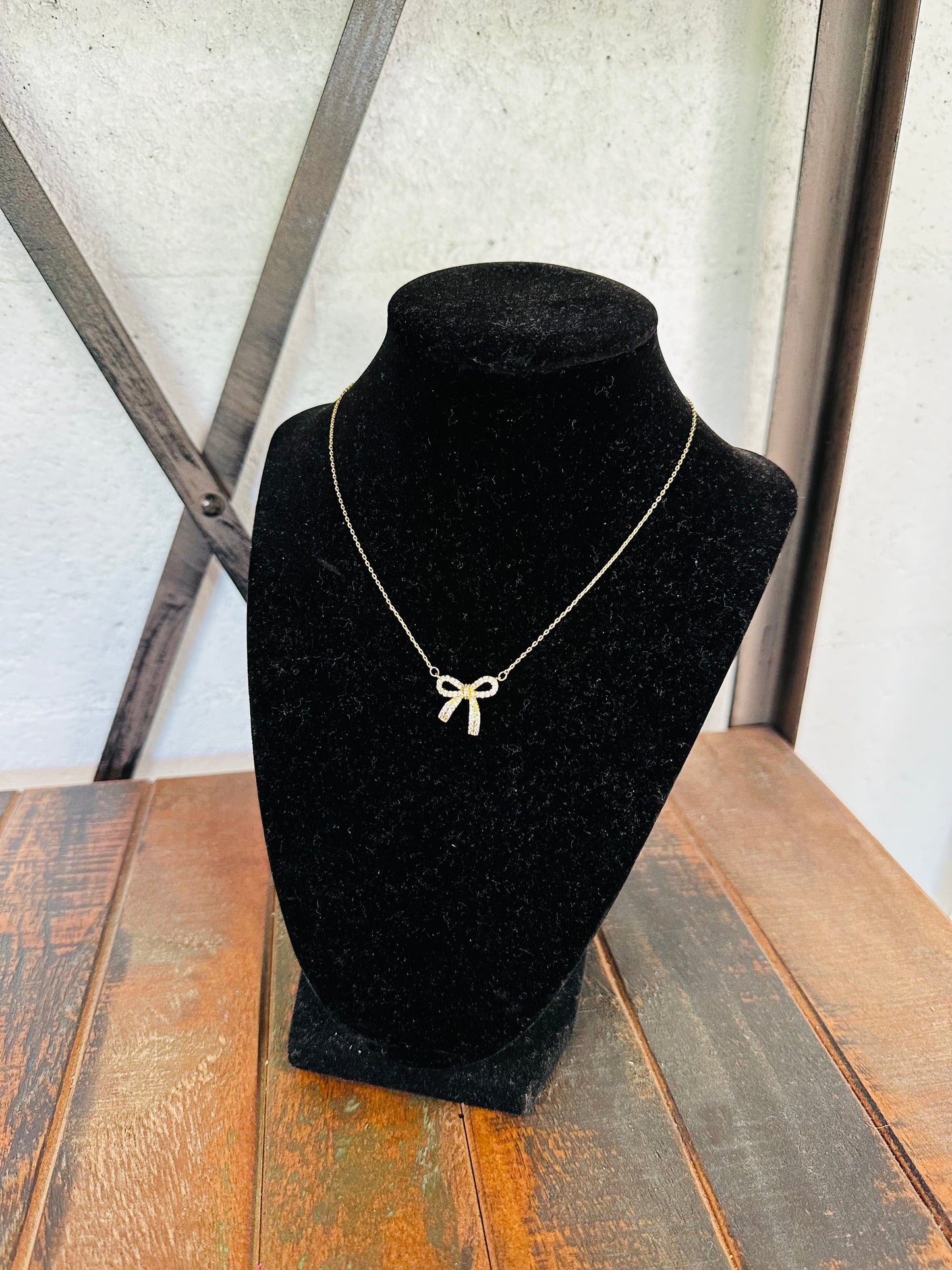 Cubic Zirconia Gold Bow Necklace