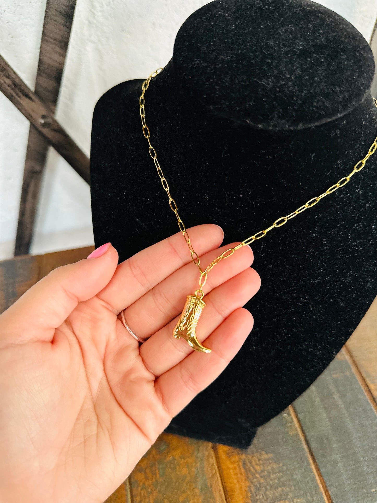 Golden Cowgirl Boot Necklace