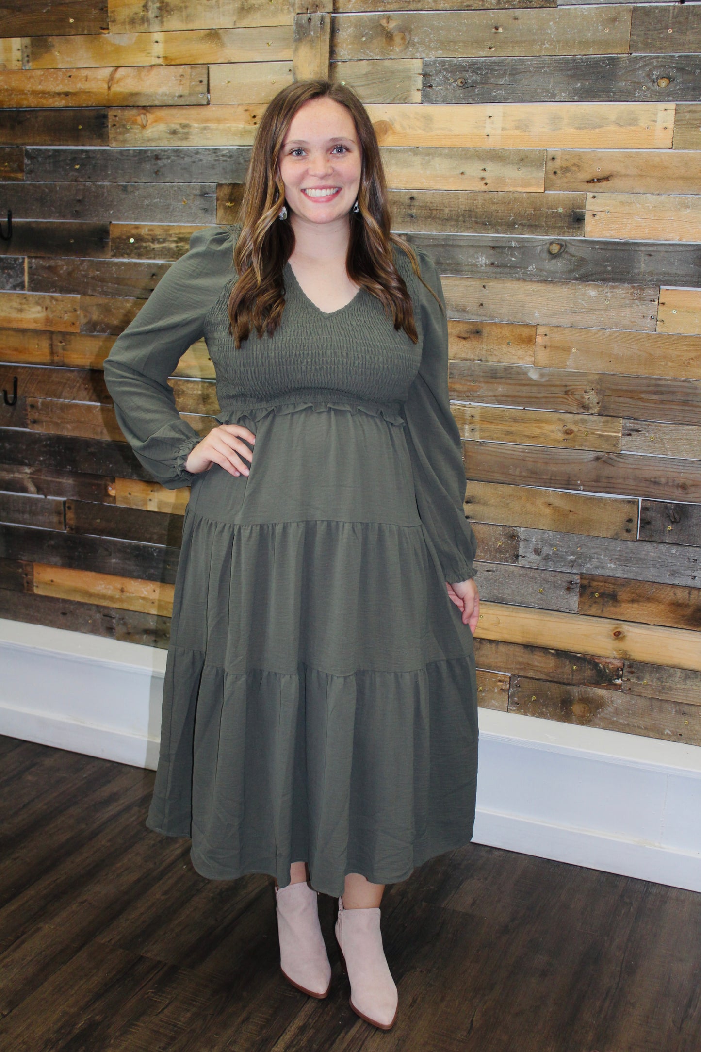 The Aubrey Dark Olive Smocked Midi Dress