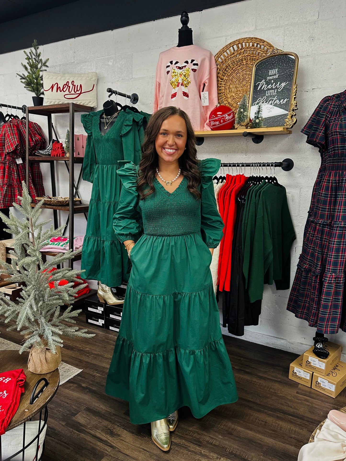 The Brynn Smocked Poplin Emerald Maxi Dress