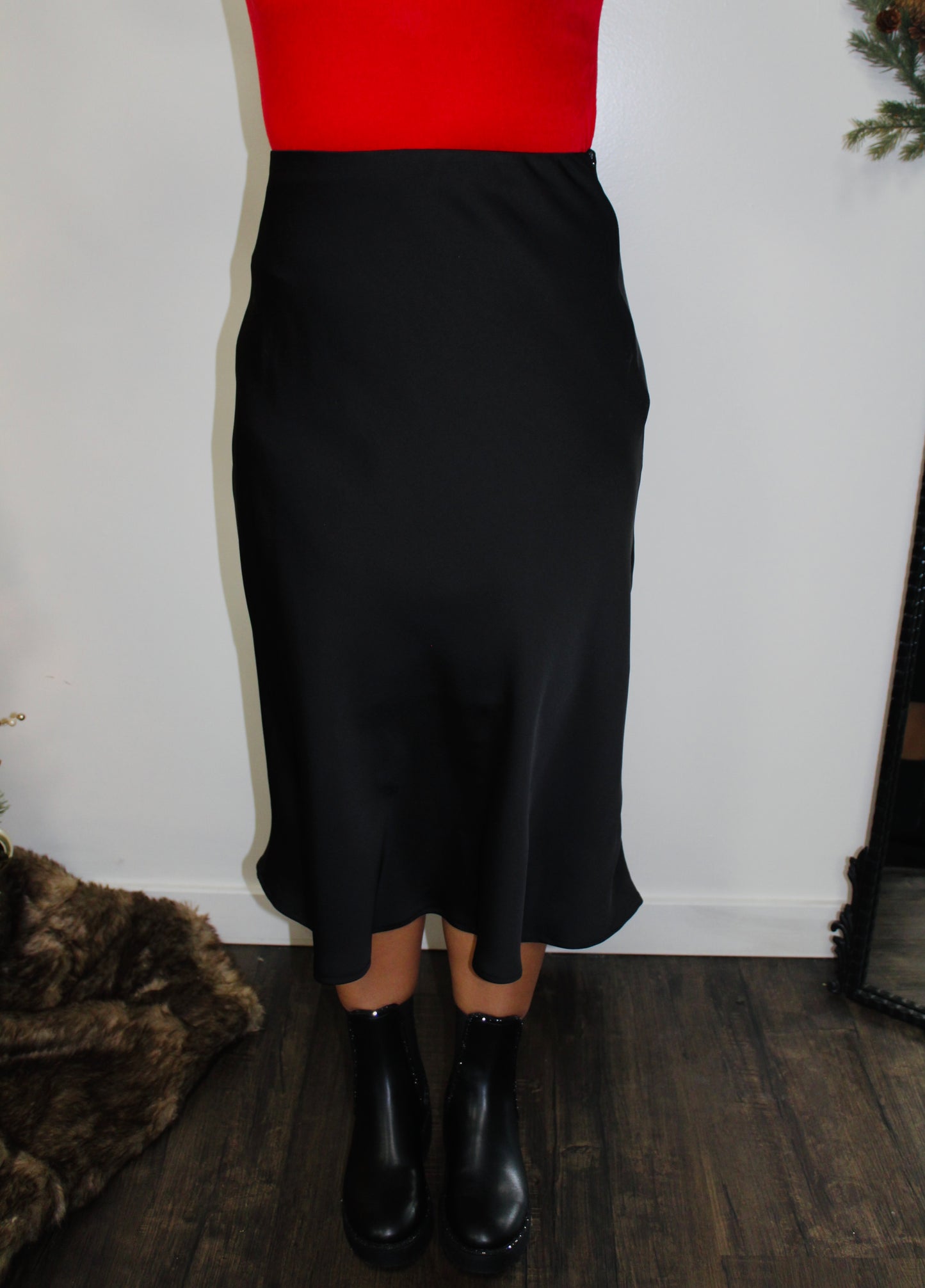 Black Satin A Line Midi Skirt