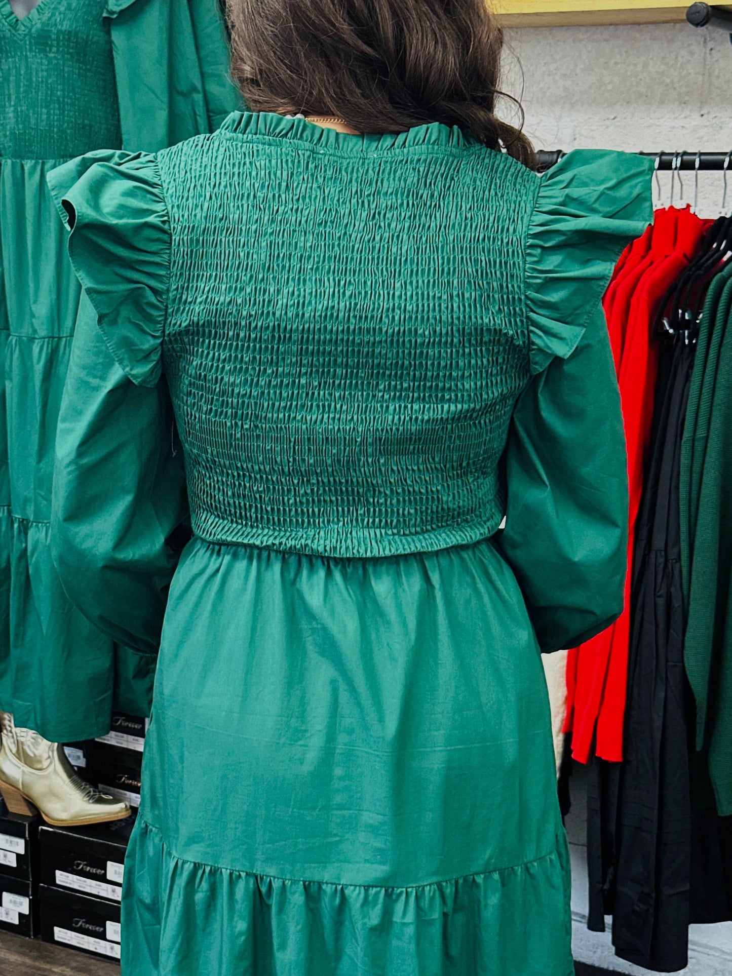 The Brynn Smocked Poplin Emerald Maxi Dress