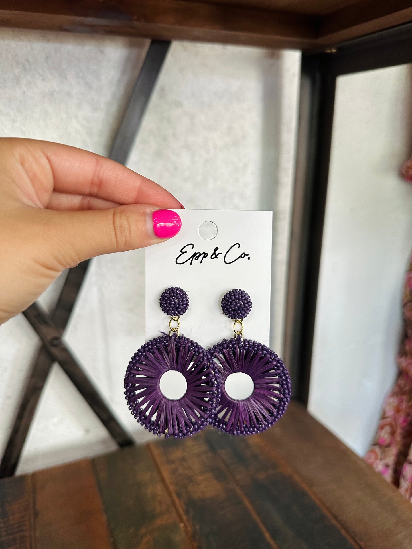 Plum Beaded Raffia Circle Drops