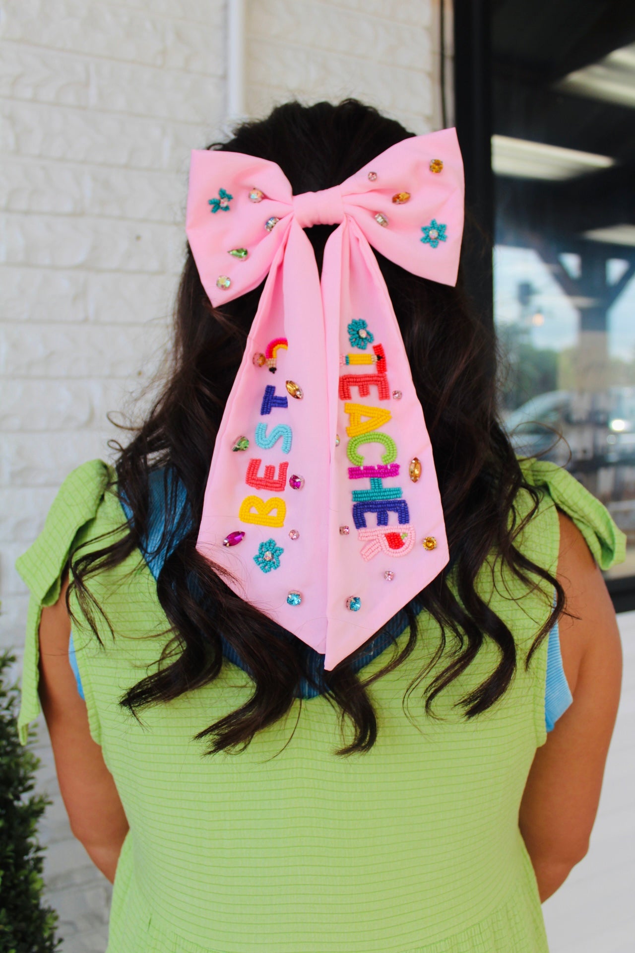 Pink Best Teacher Embroidered Bow