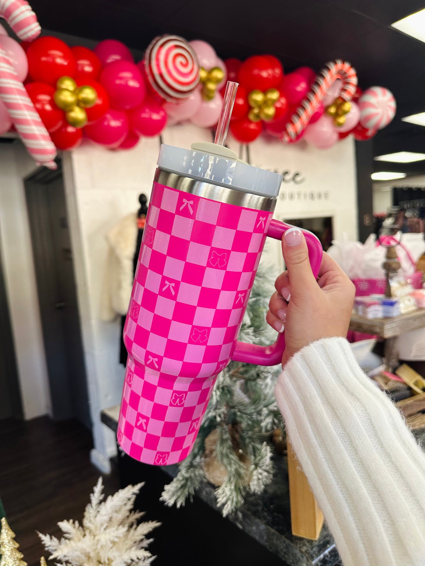 Fuchsia Bow & Checkered Print 40oz Tumbler