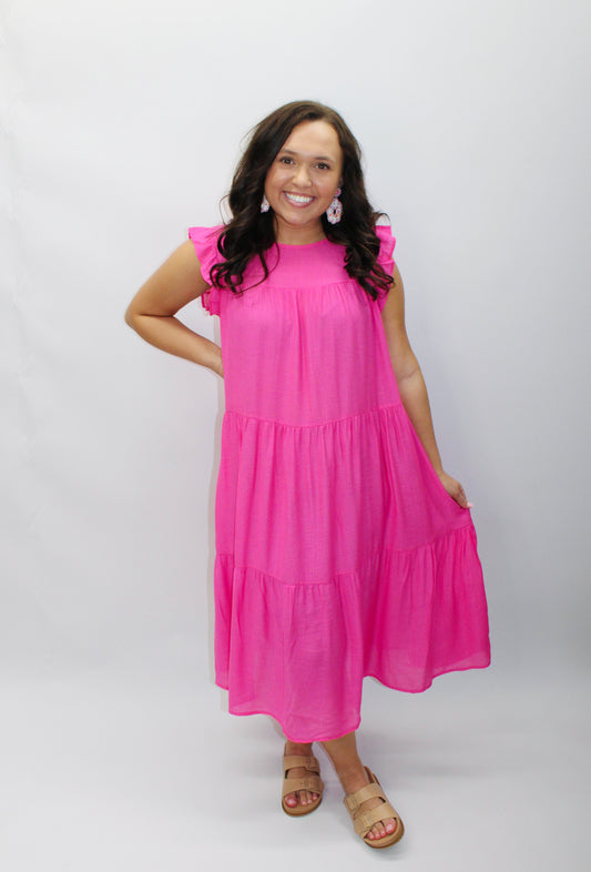 Solid Hot Pink Tiered Midi Dress