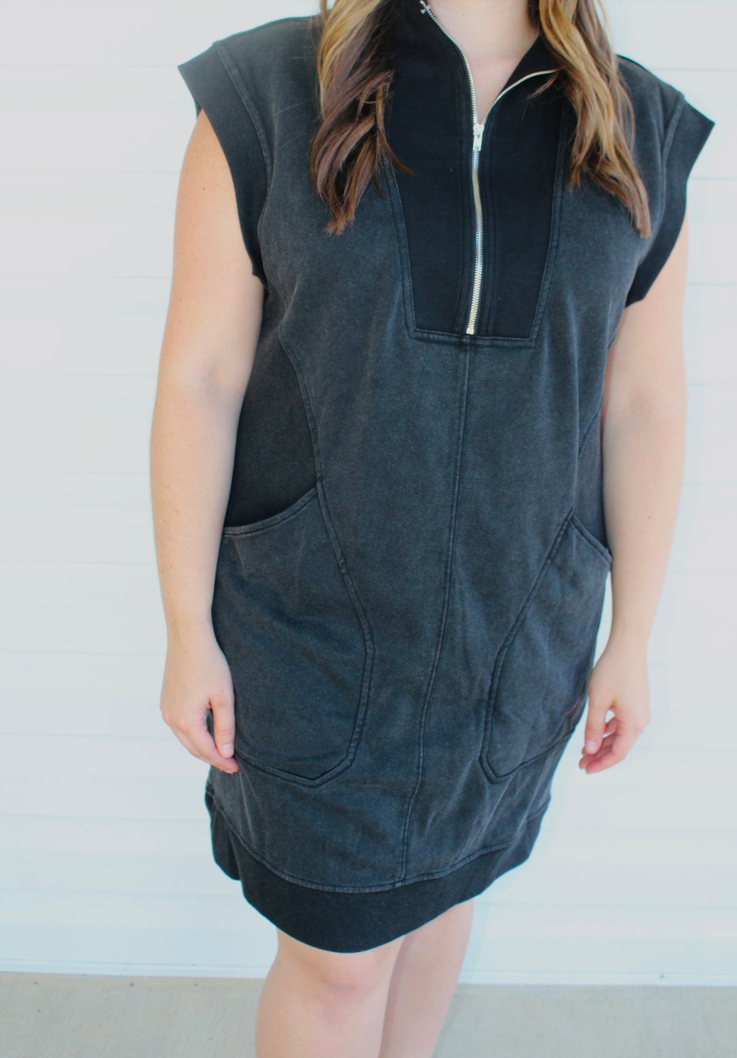 The Libby Black Quarter Zip Cap Sleeve Pocket Dress