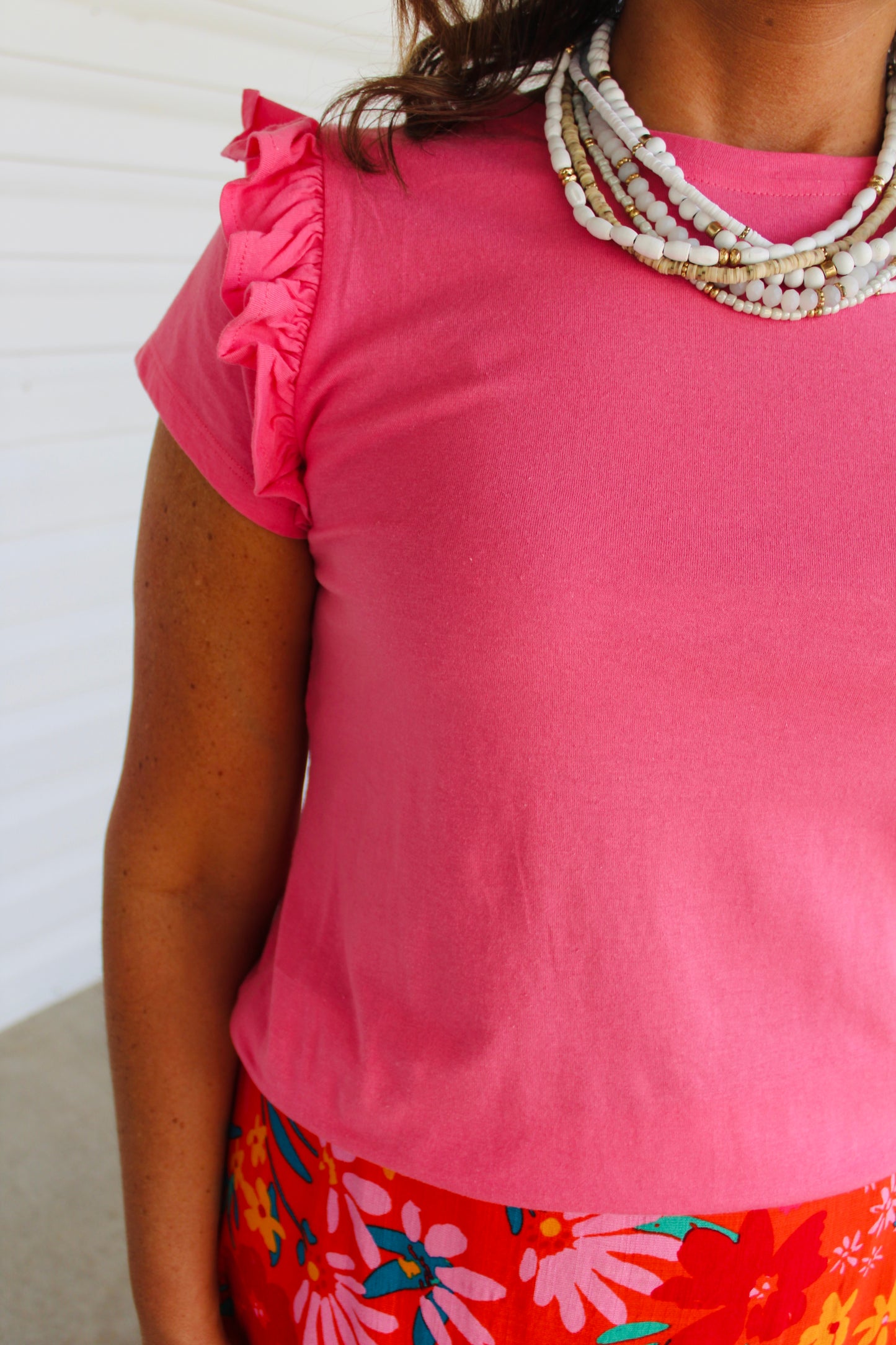 The Brooke Solid Pink Ruffle Shoulder Top