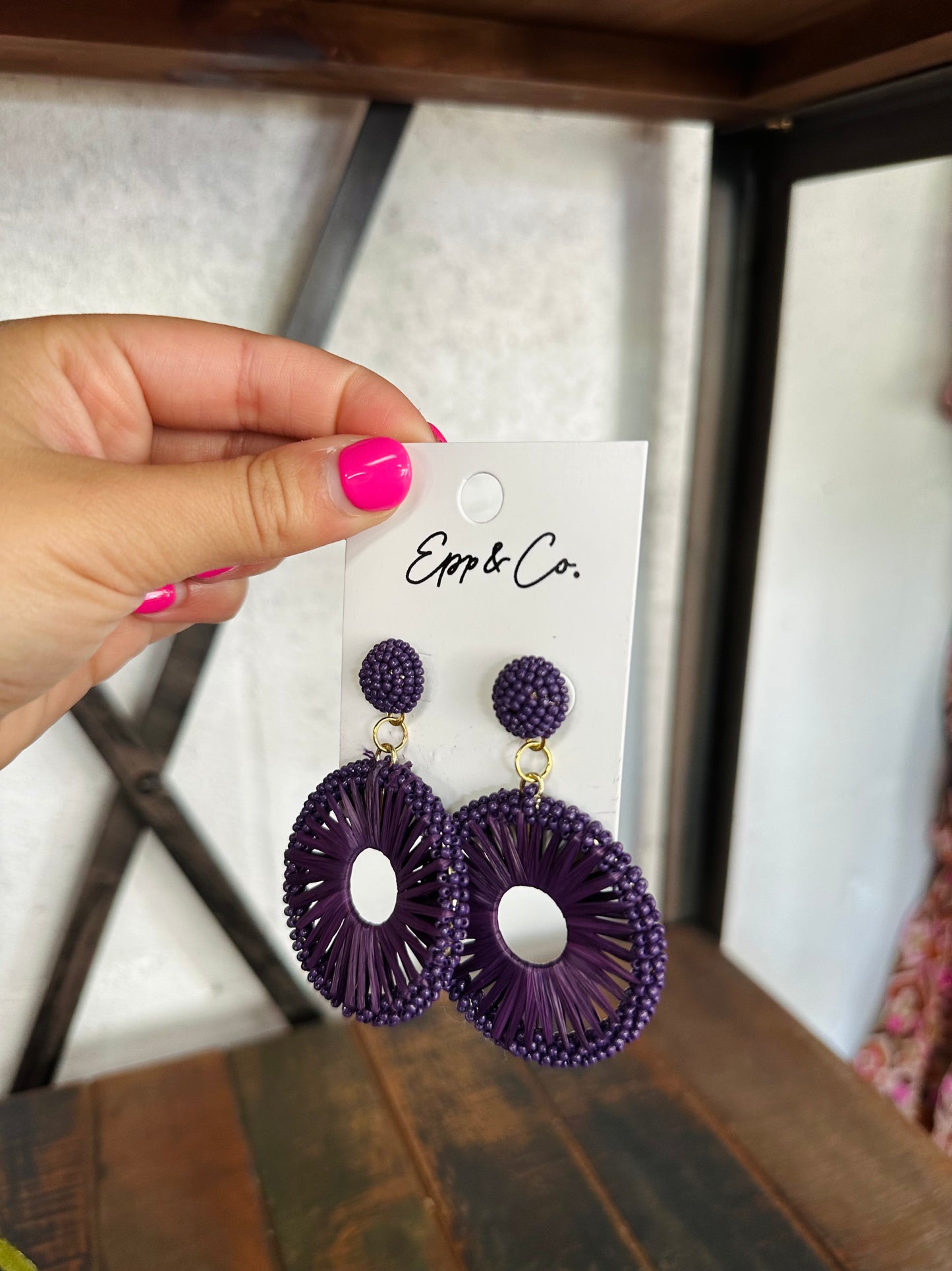 Plum Beaded Raffia Circle Drops