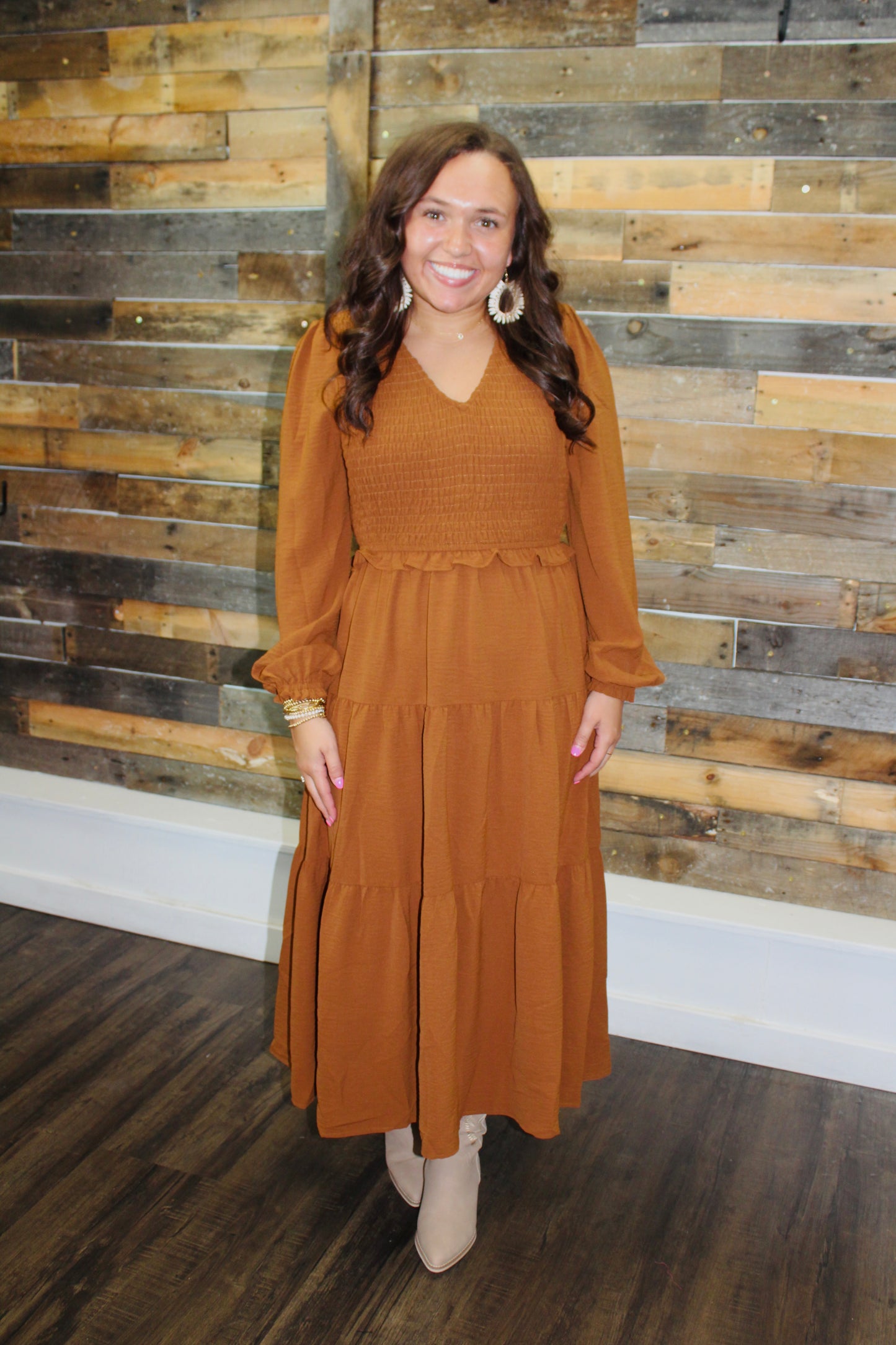 The Aubrey Copper Smocked Midi Dress