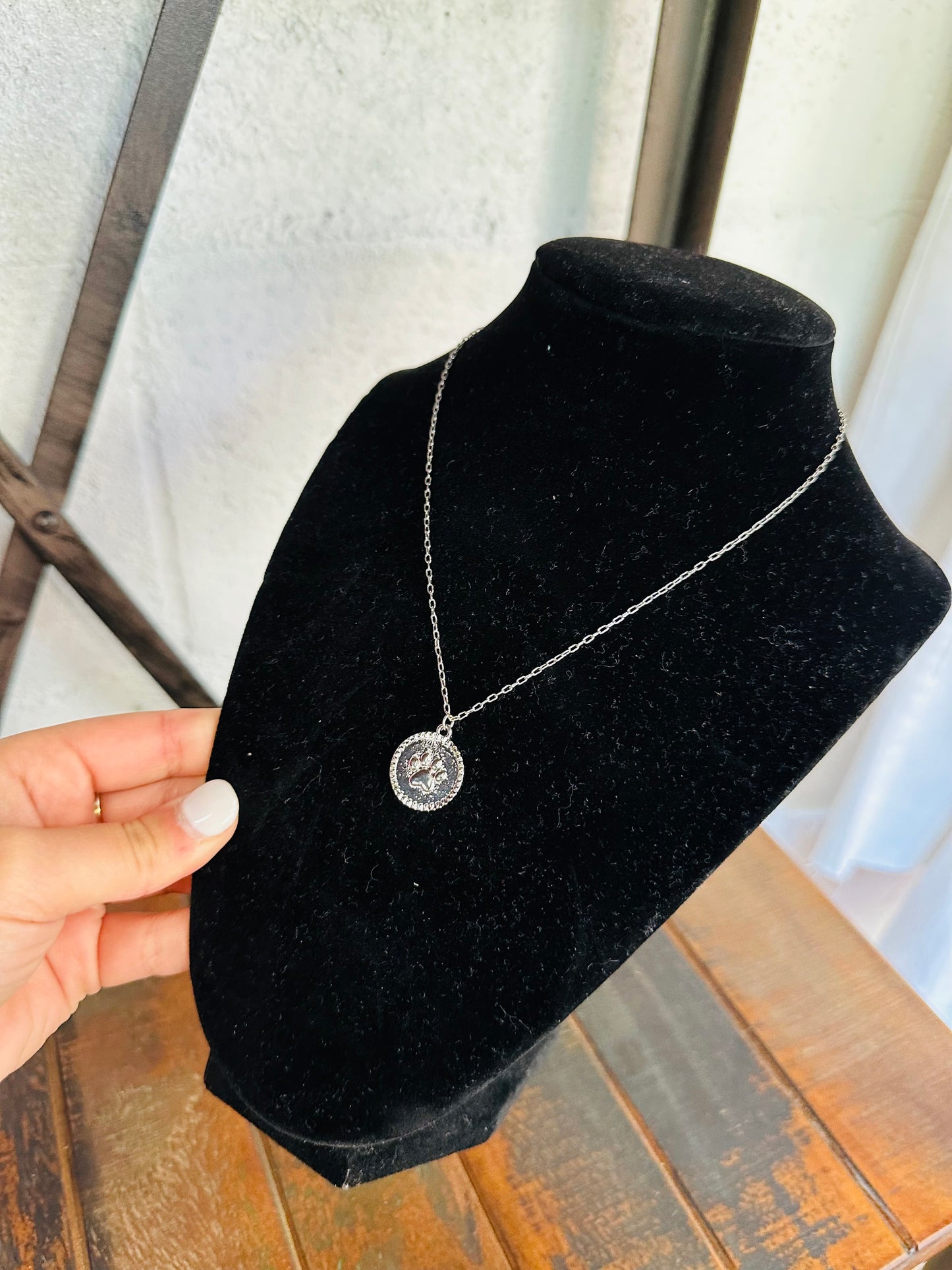 Silver Paw Print Medallion Necklace