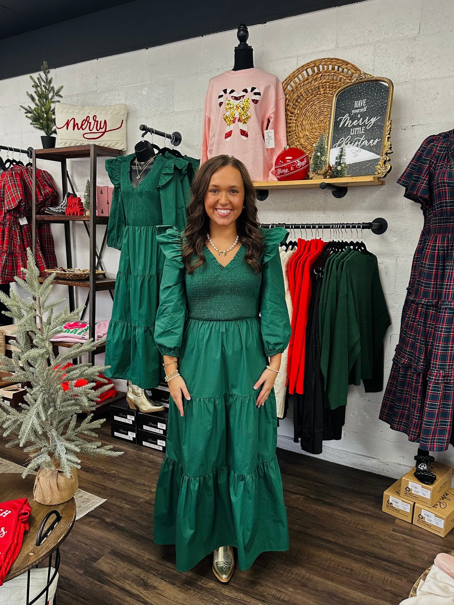 The Brynn Smocked Poplin Emerald Maxi Dress