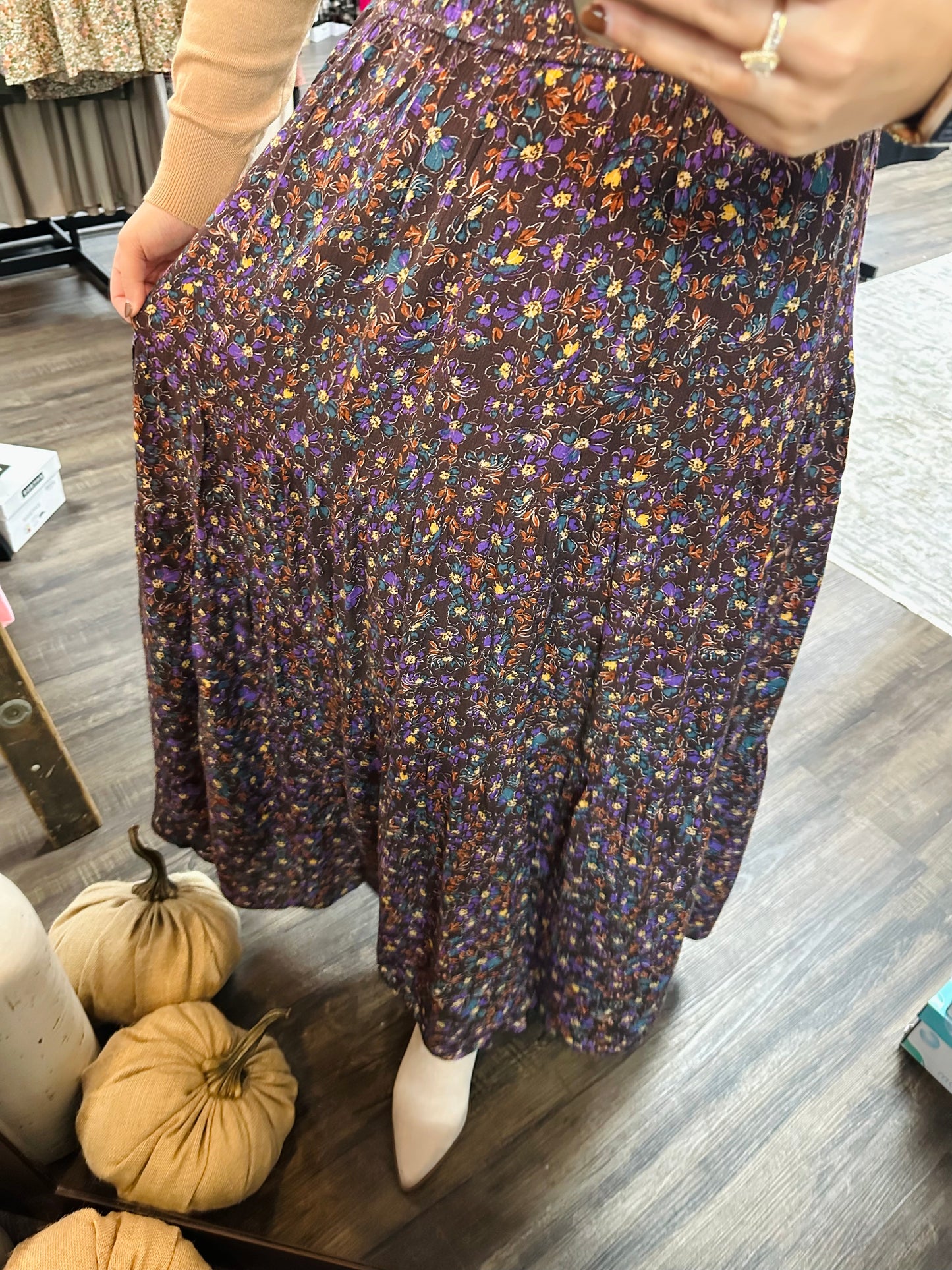 Dark Brown Floral Print Maxi Skirt