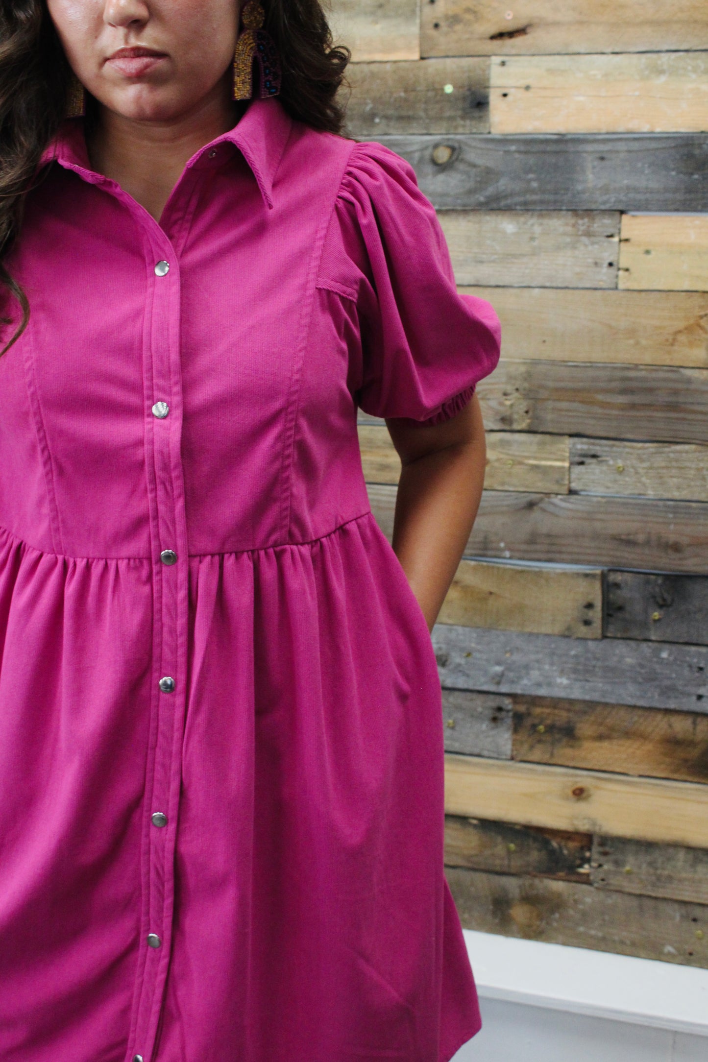 The Willow Magenta Corduroy Babydoll Dress