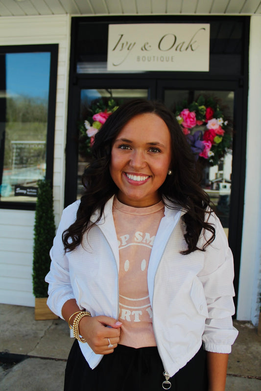 White Cropped Bomber Jacket