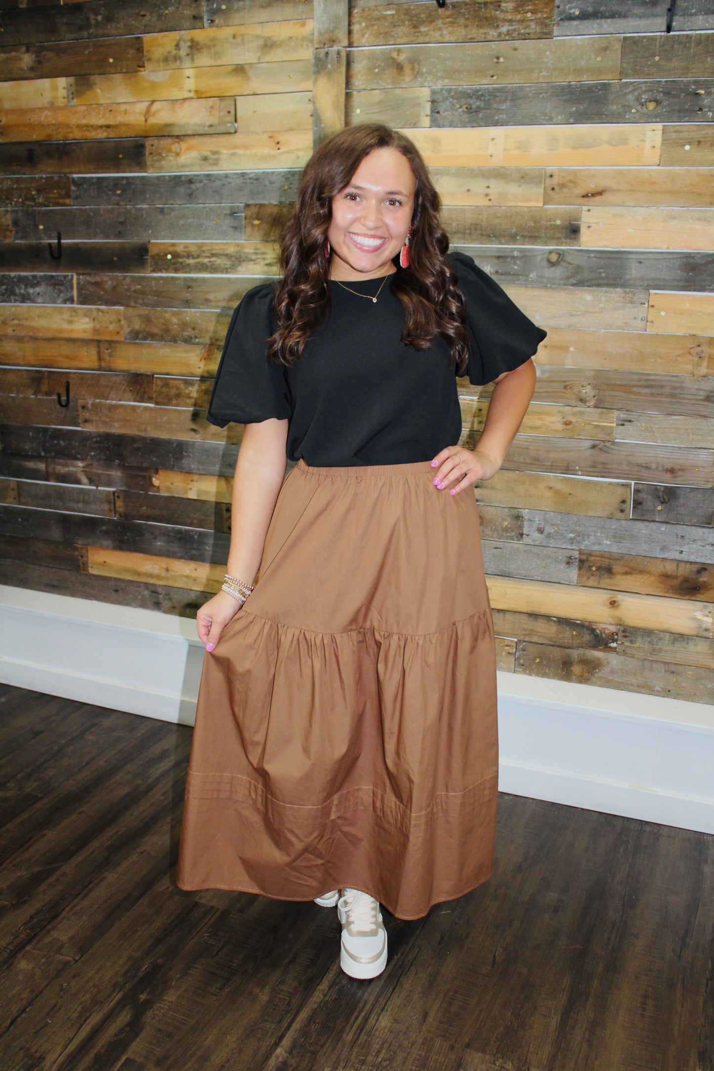 The Kelly Brown Pleated Midi Skirt