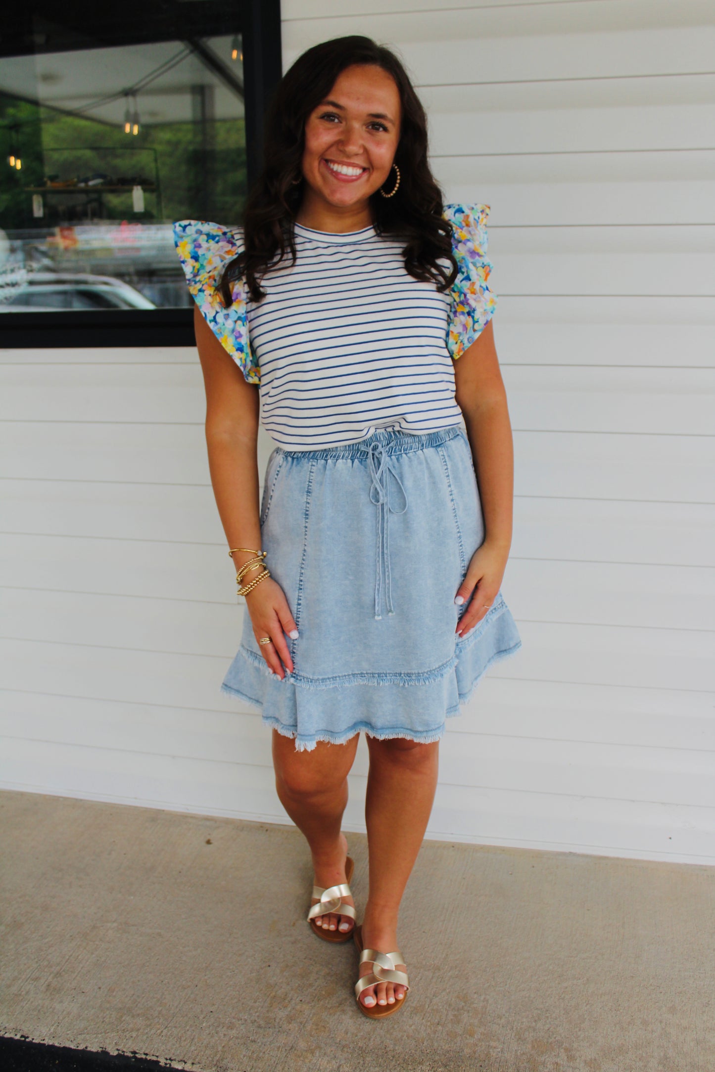 The Ella Ruffle Sleeve Stripe & Floral Top