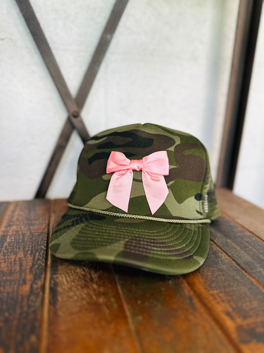 Camo Coquette Pink Satin Bow Trucker Hat