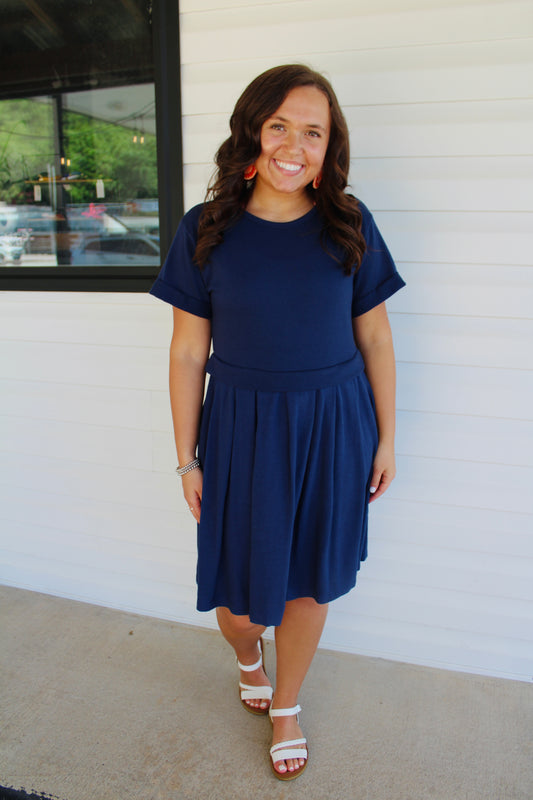 The Maree Navy Pleated Dress