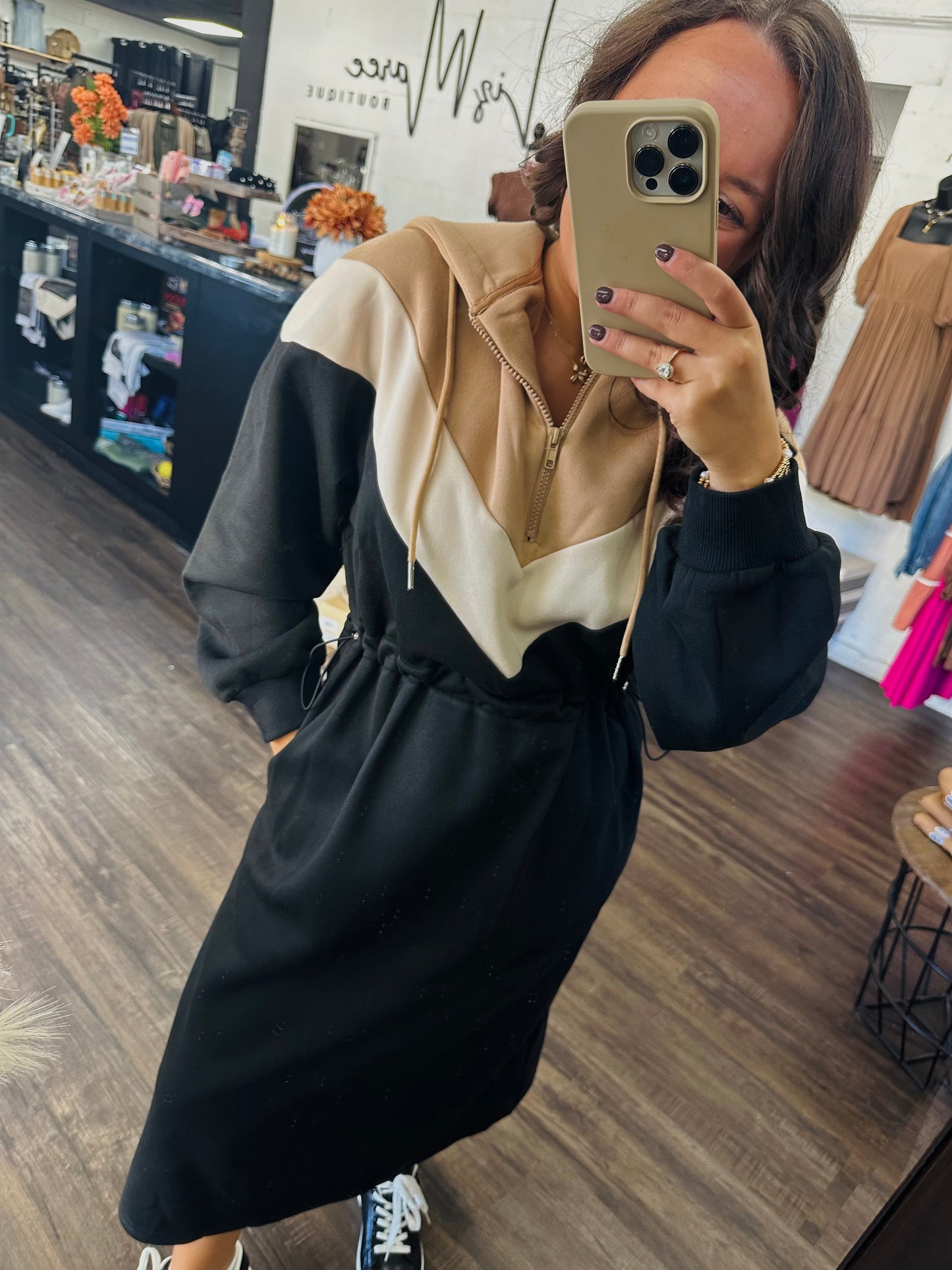 The Luna Color Block Sweatshirt Midi Dress