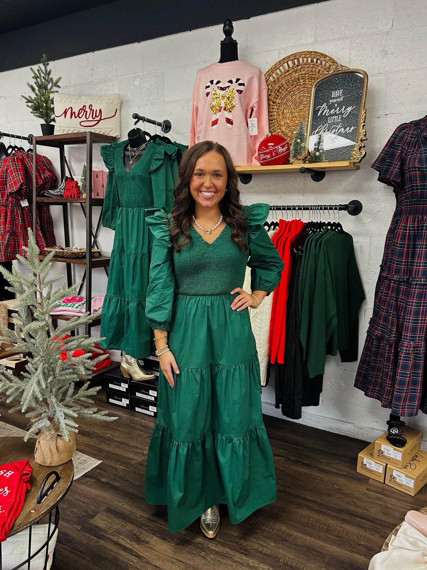 The Brynn Smocked Poplin Emerald Maxi Dress