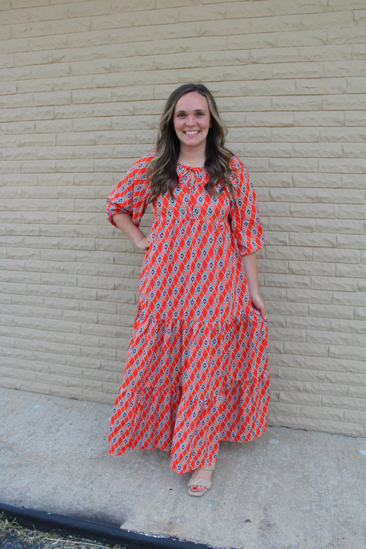 Orange Ethnic Geometry Print Bubble Sleeve Maxi Dress