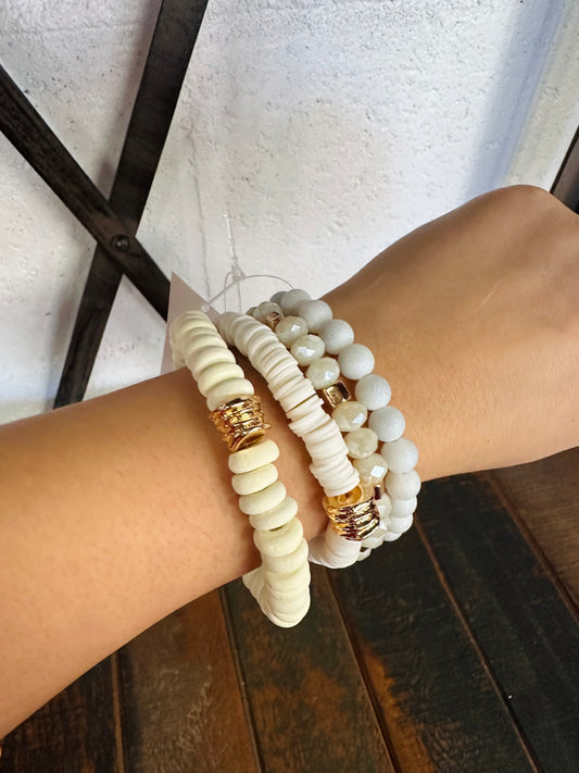 White Crystal Beaded Bracelet Stack