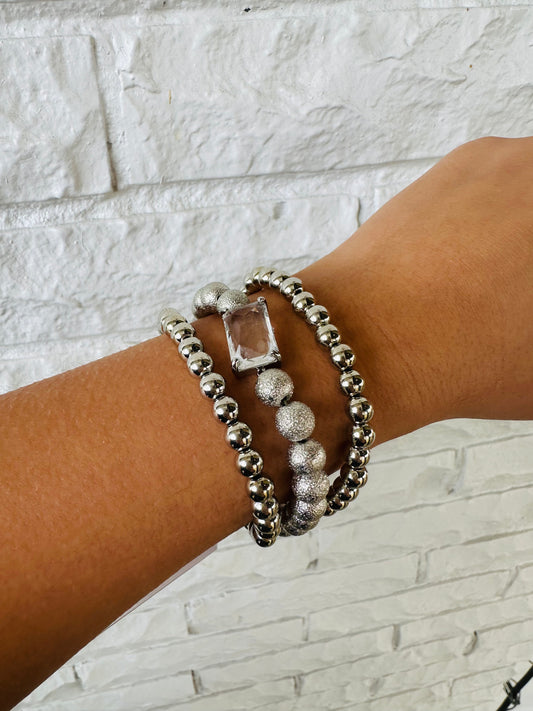 Silver & Crystal Stretch Bracelet Set