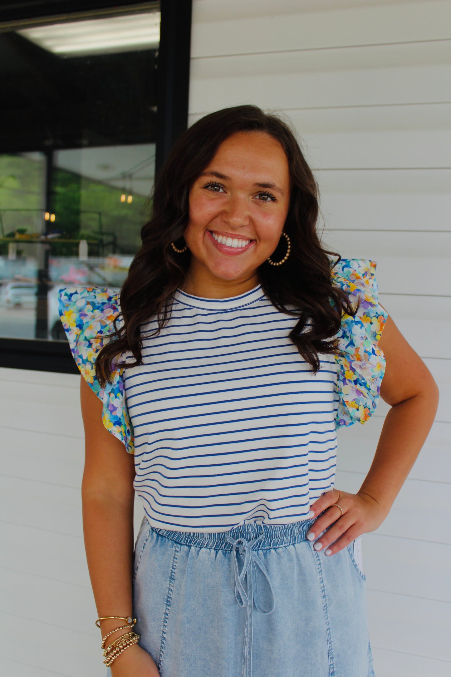 The Ella Ruffle Sleeve Stripe & Floral Top