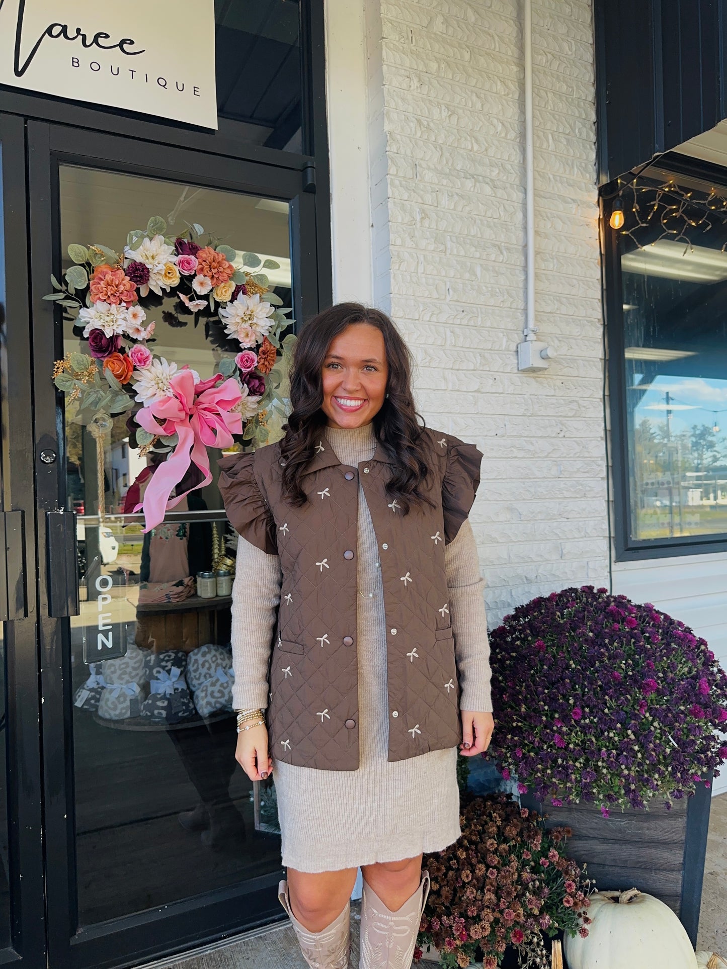 Brown Bow Embriodered Quilted Vest