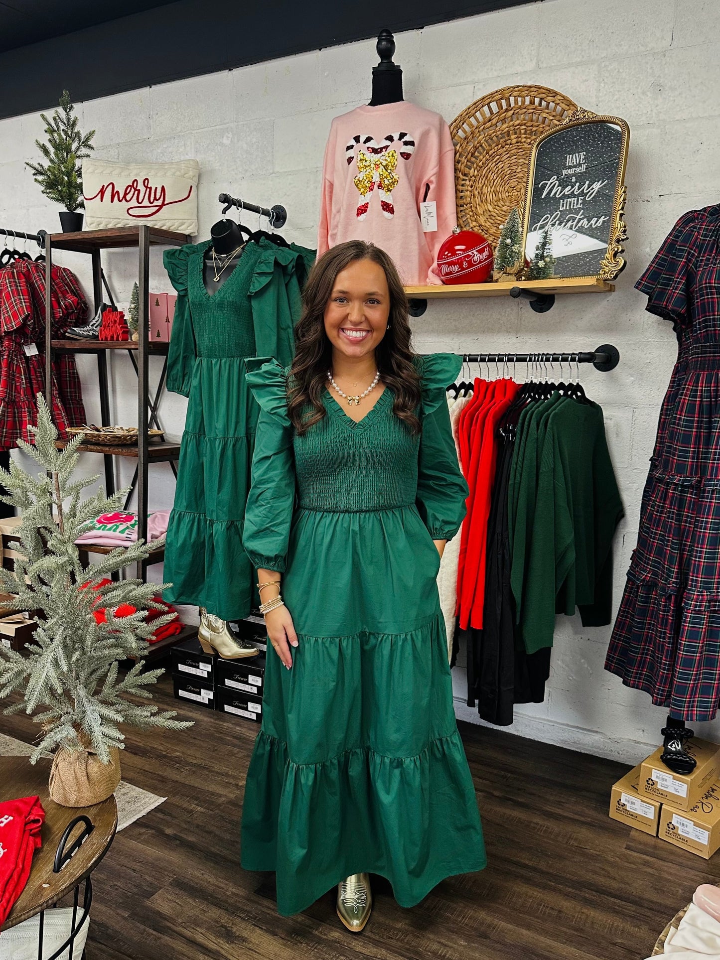 The Brynn Smocked Poplin Emerald Maxi Dress