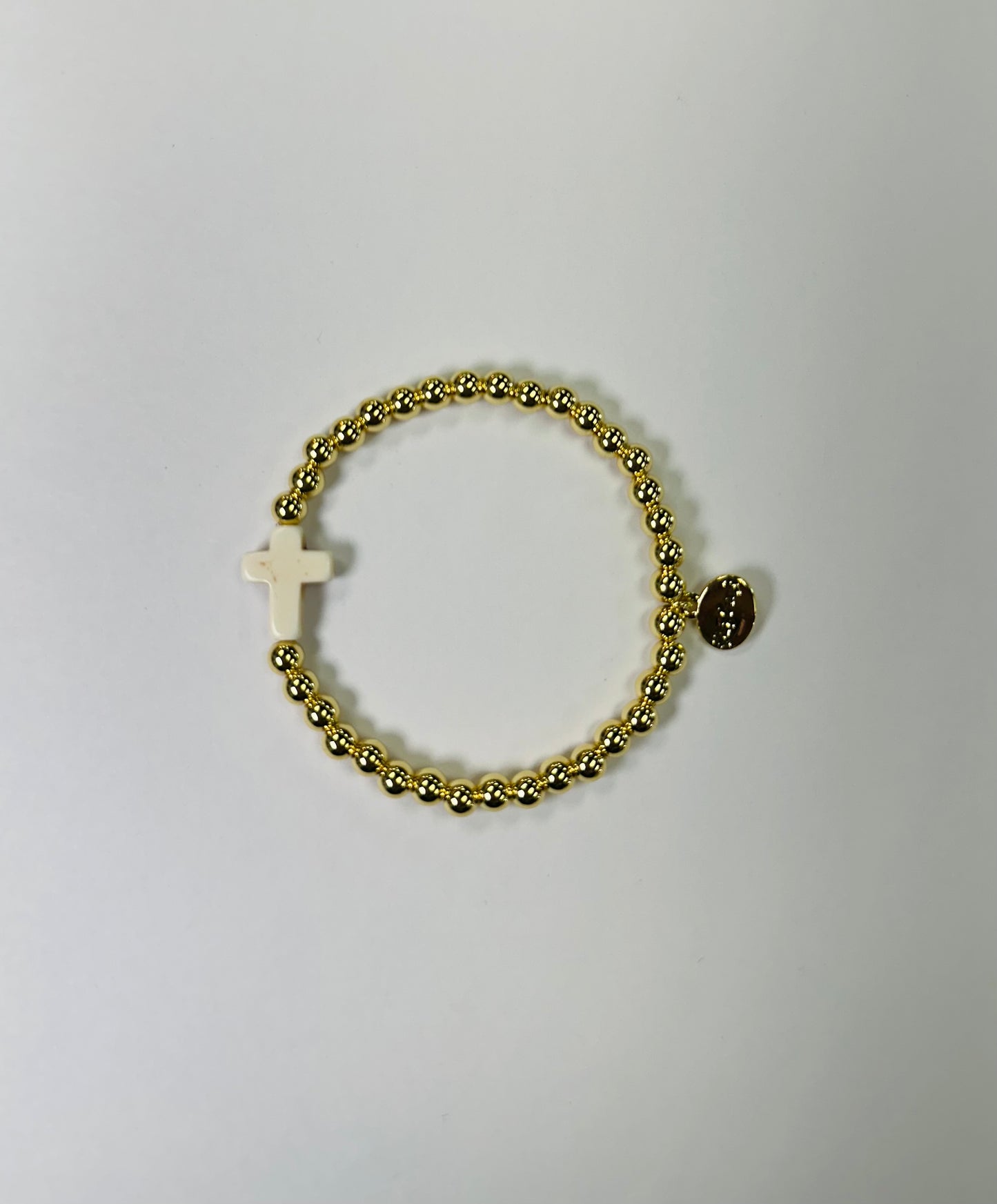 White Stone Cross 5MM H2O Water Resistant Gold Ball Bracelet