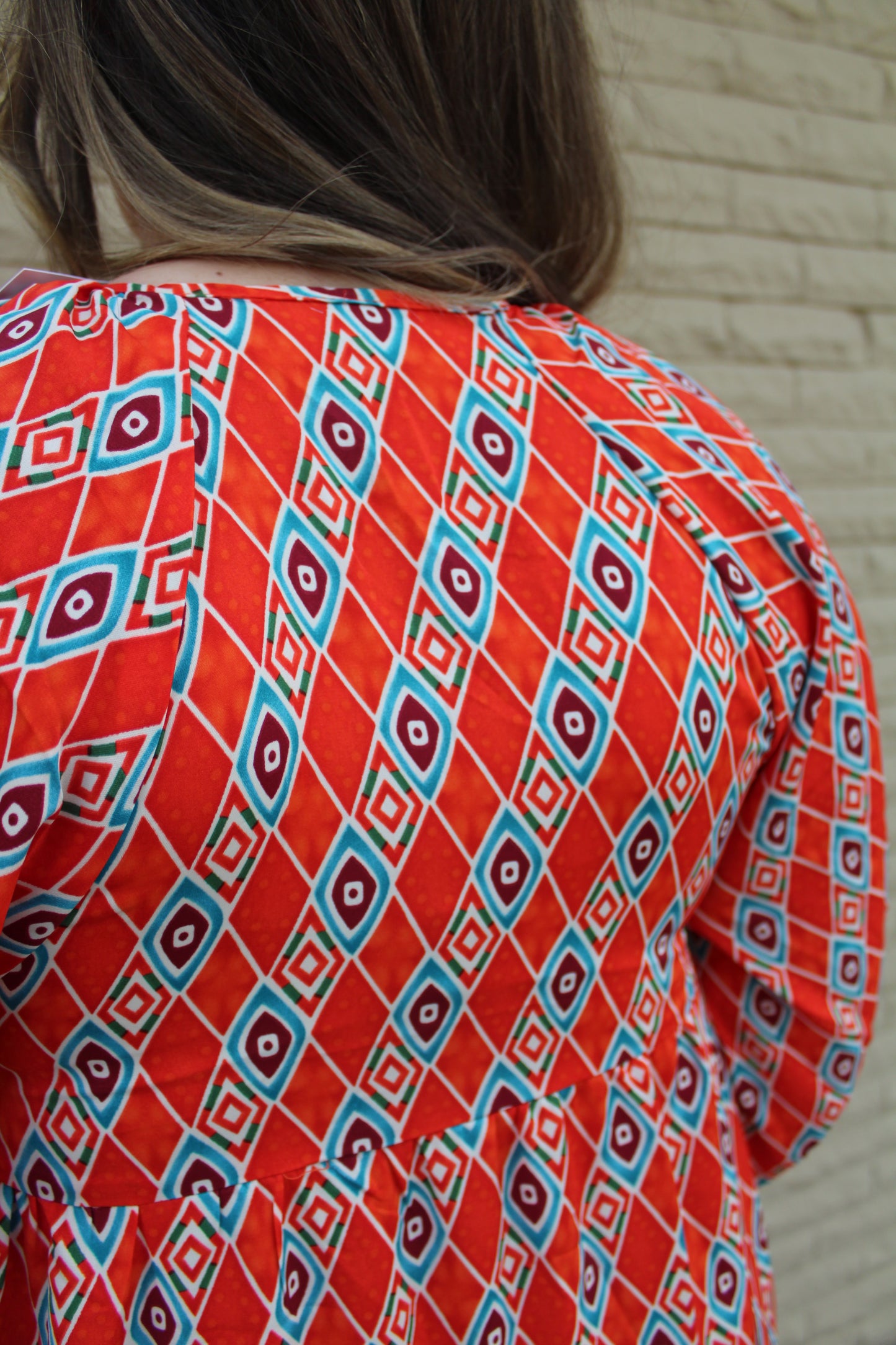 Orange Ethnic Geometry Print Bubble Sleeve Maxi Dress