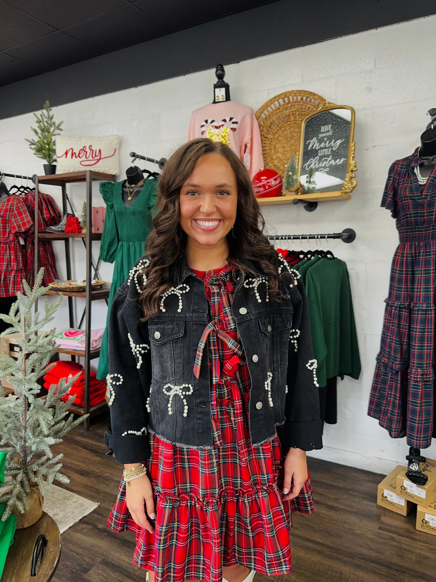 Black Denim Washed Pearl Bow Cropped Jacket