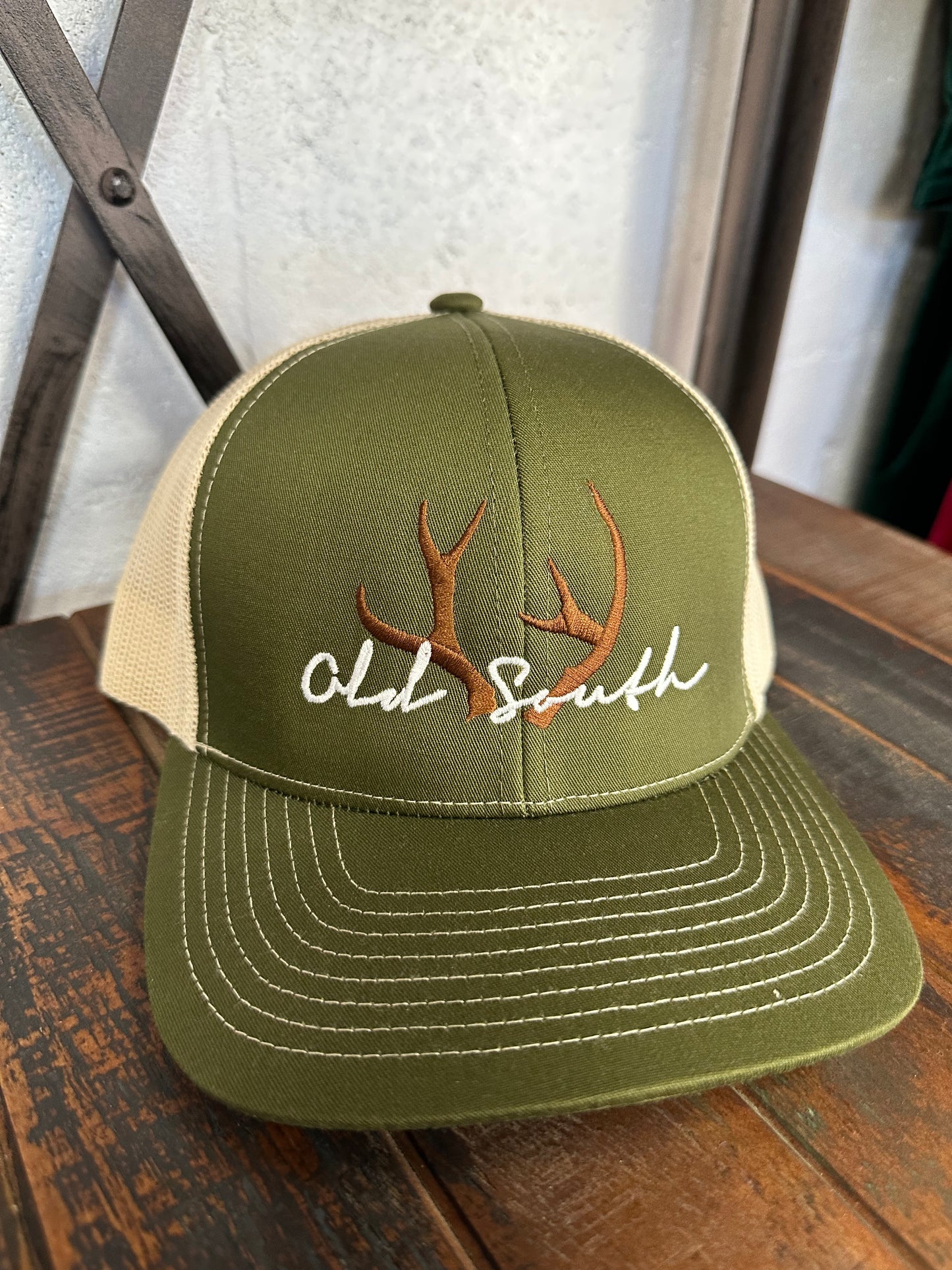 Racked Trucker Hat (Moss Green / Beige)