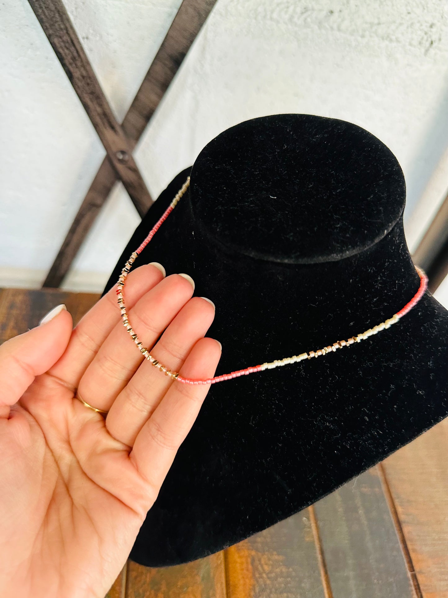 Pastel Pink & Gold Seed Bead Necklace