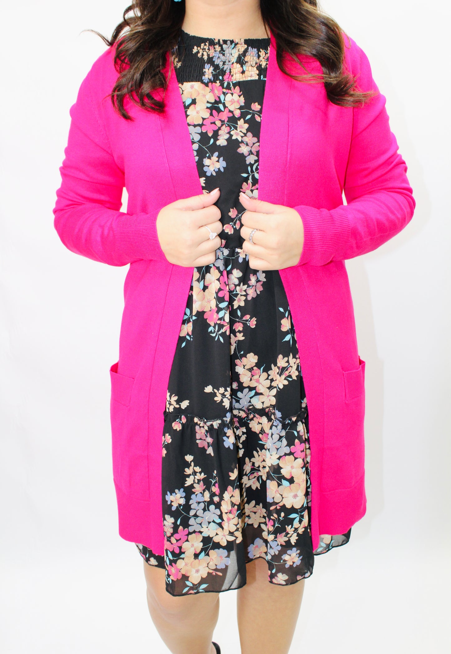 Hot Pink Open Front Pocket Cardigan