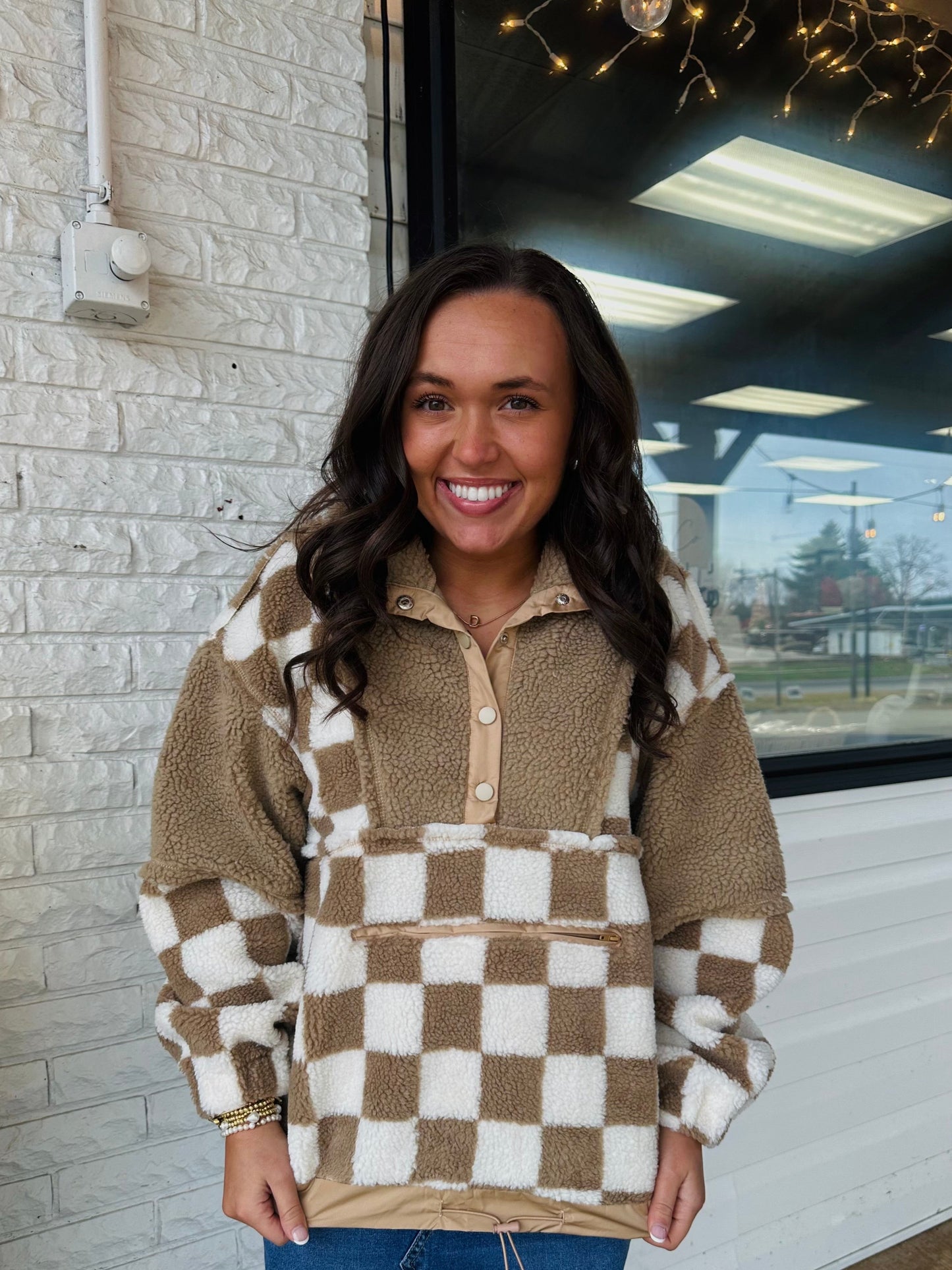 Taupe Checkered Fleece Pullover