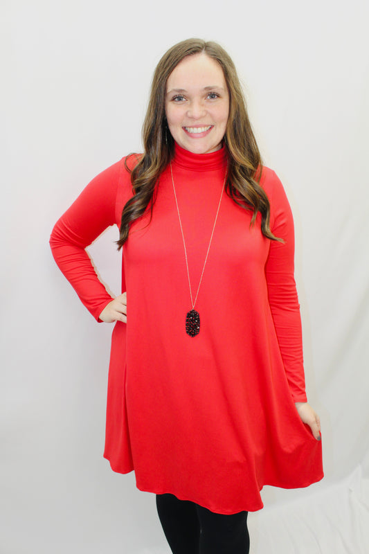 Red Long Sleeve Turtle Neck Swing Dress