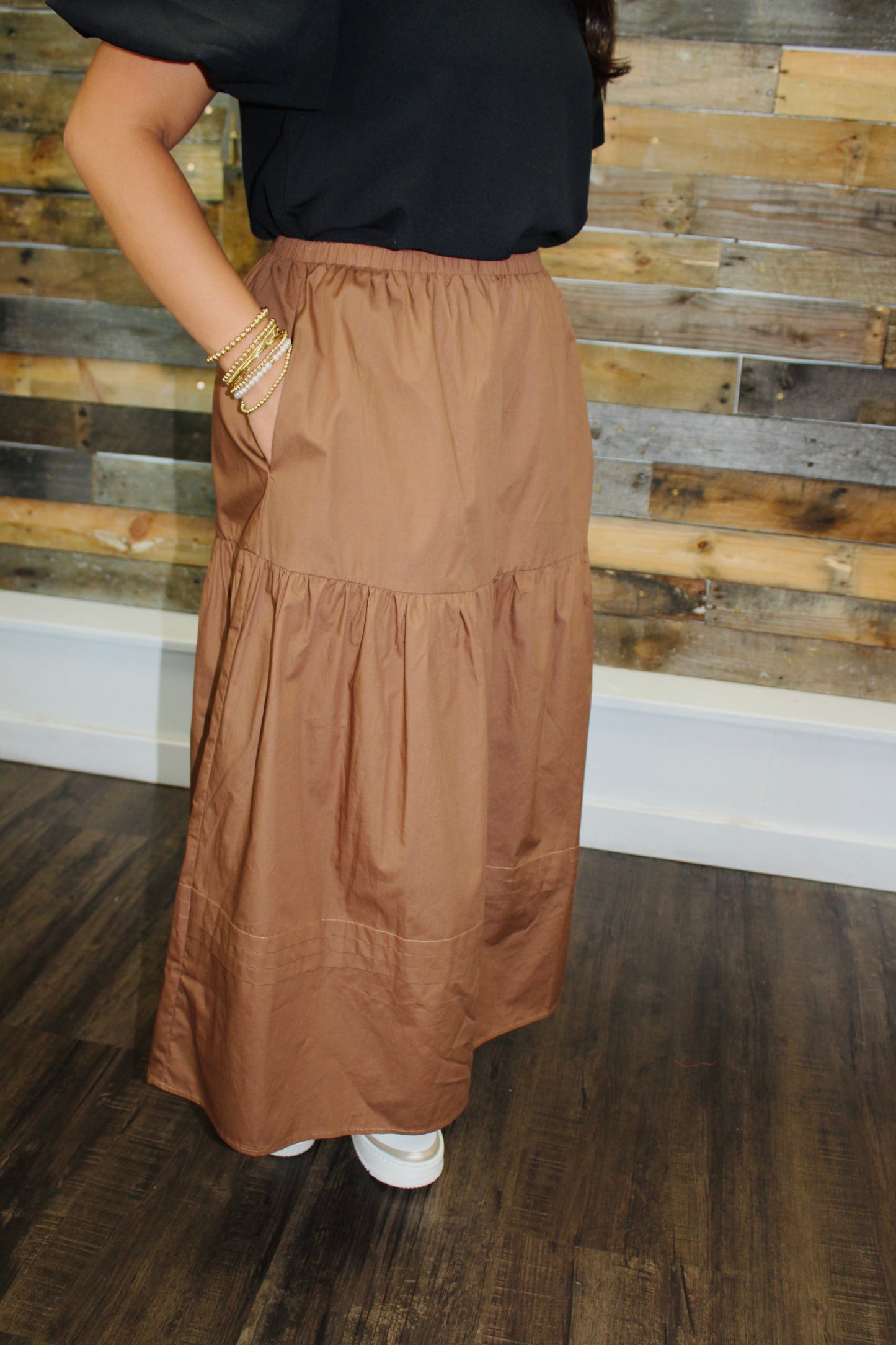 The Kelly Brown Pleated Midi Skirt