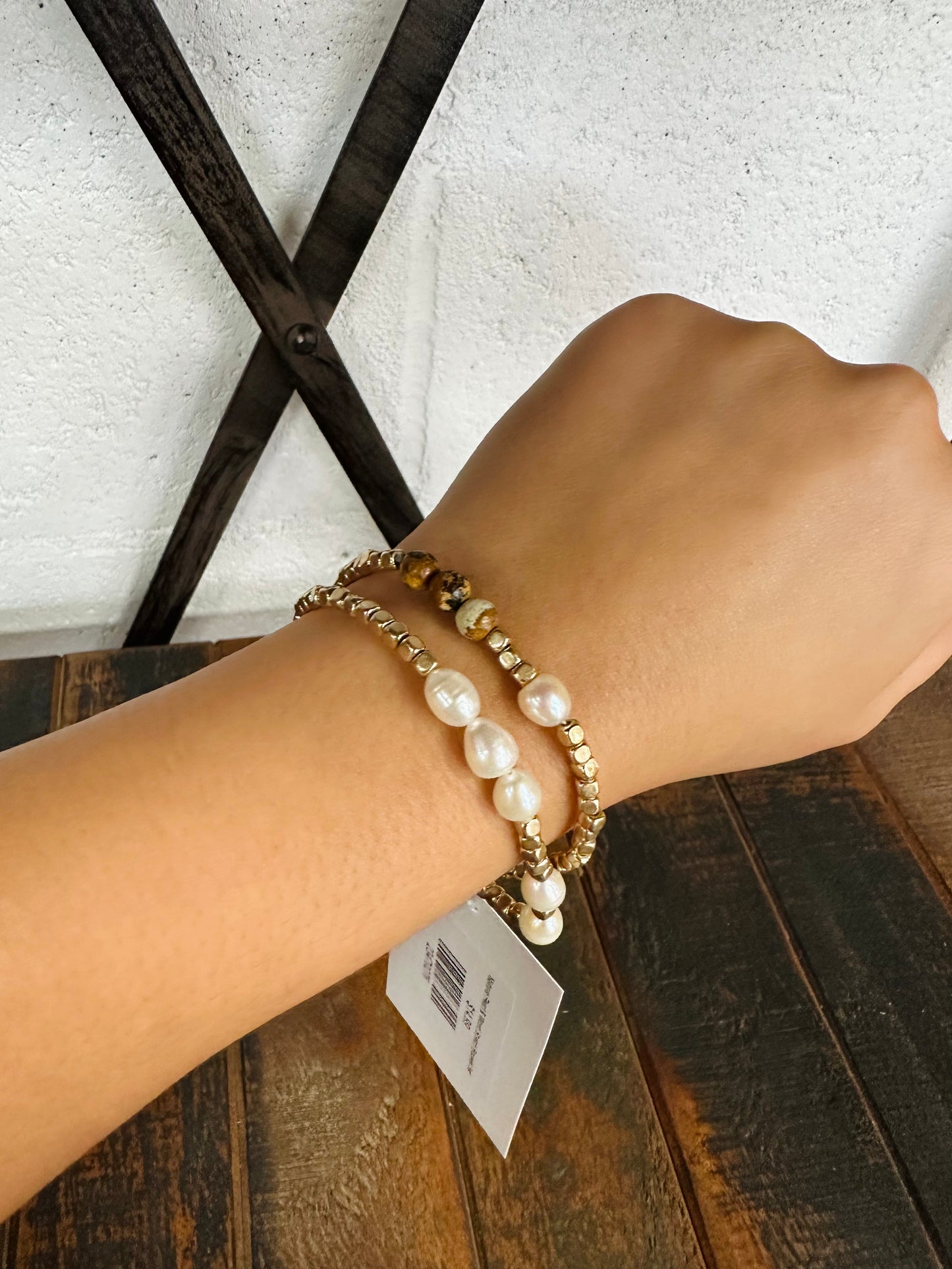 Natural Pearl & Wood Stretch Bracelet Set