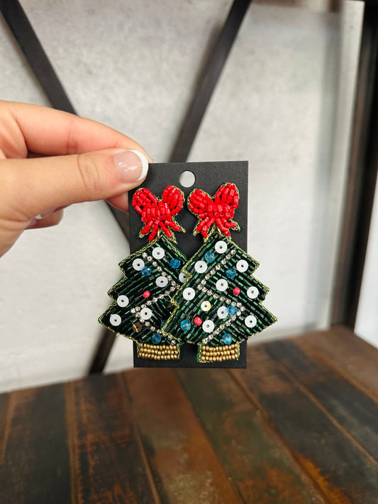 Christmas Tree with Bow Beaded Earring