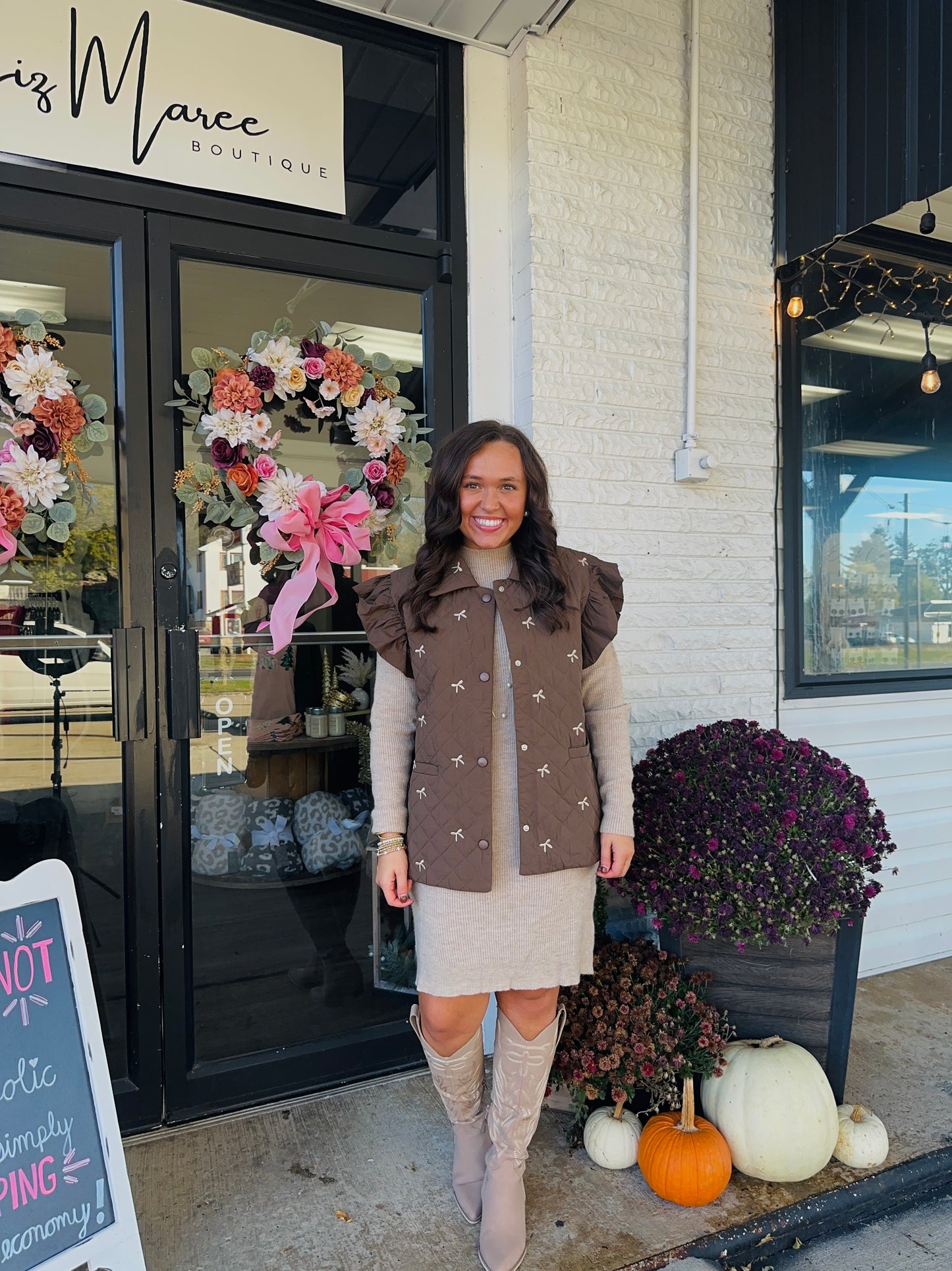 Brown Bow Embriodered Quilted Vest