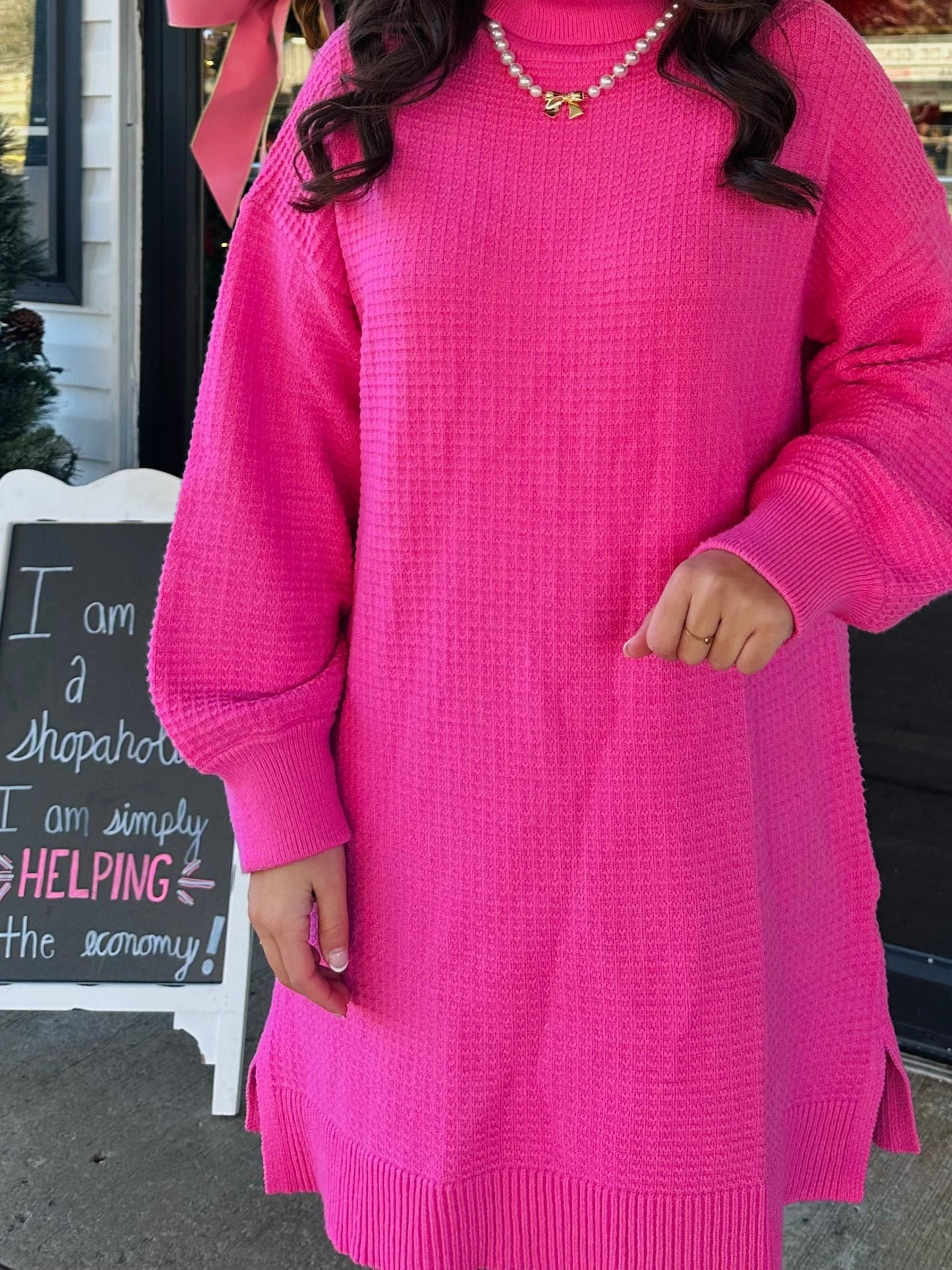 The Bella Pink Waffle Knit Sweater Dress